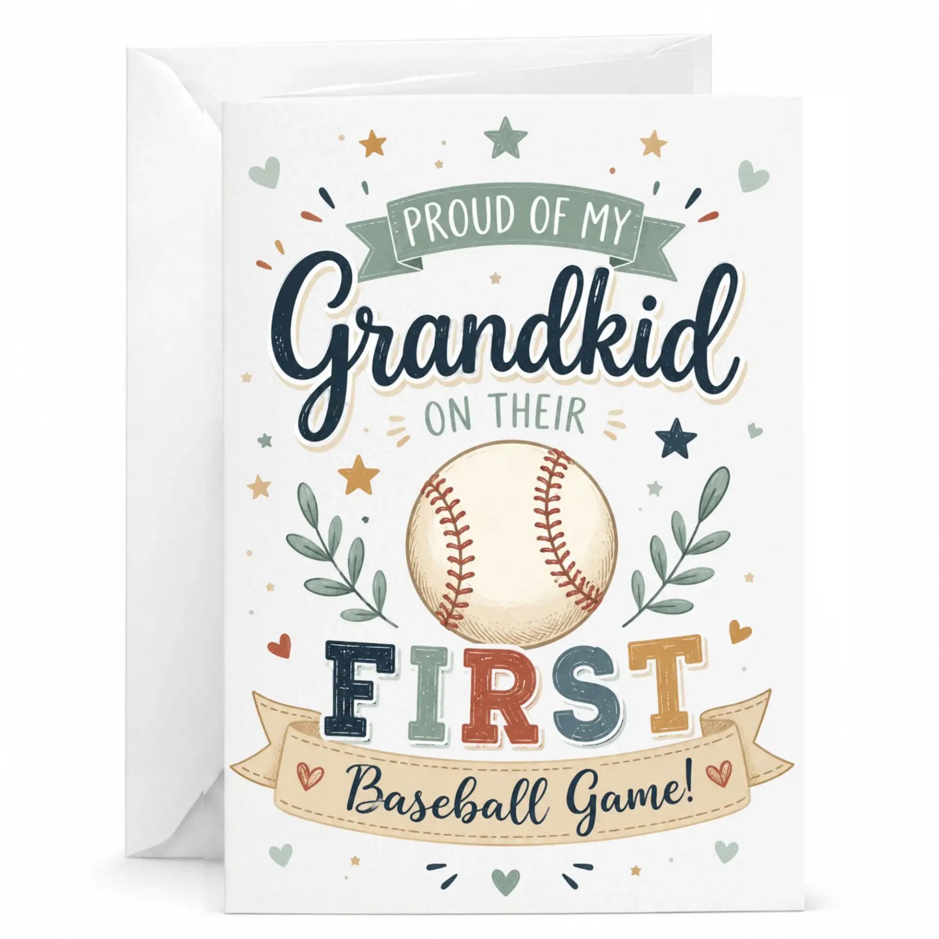 Greeting Card Proud of My Grandkid on Their First Baseball Game Sporty Themed Achievement Note with Envelope 5x7 Inches