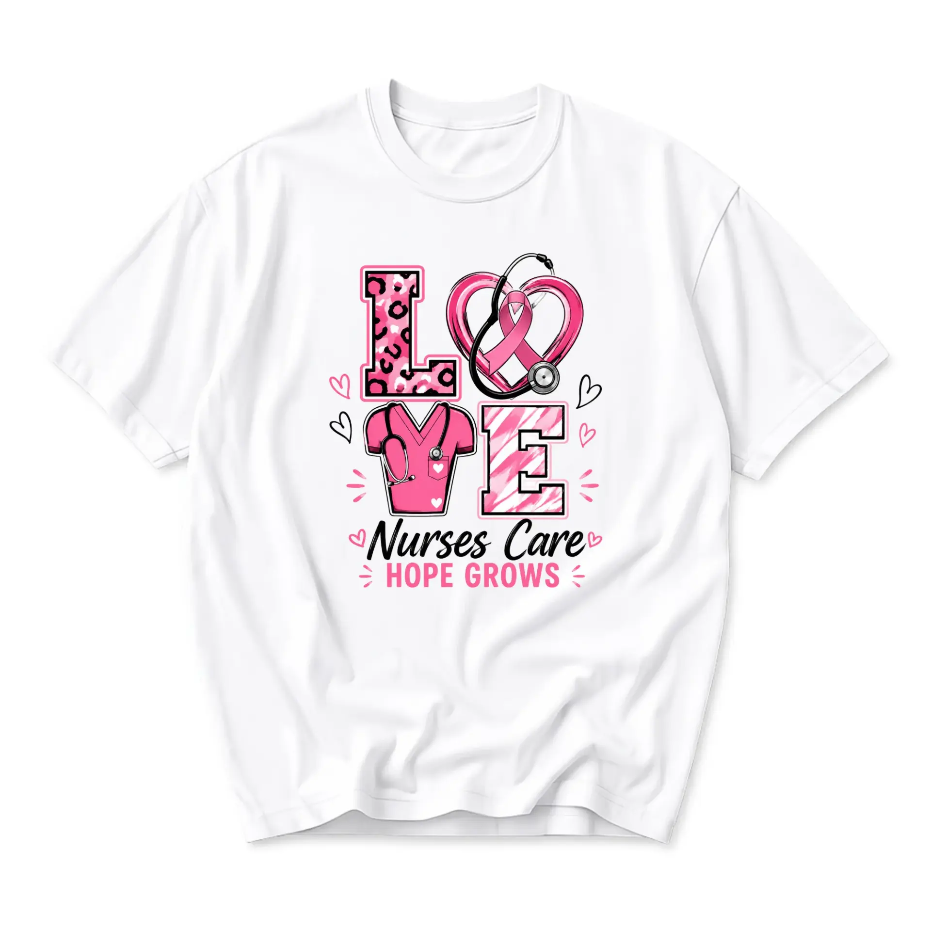 T-shirt Nurses Care Graphic Tee Pink Ribbon Stethoscope Apparel Unisex Crew Neck Short Sleeve Casual Cotton Top