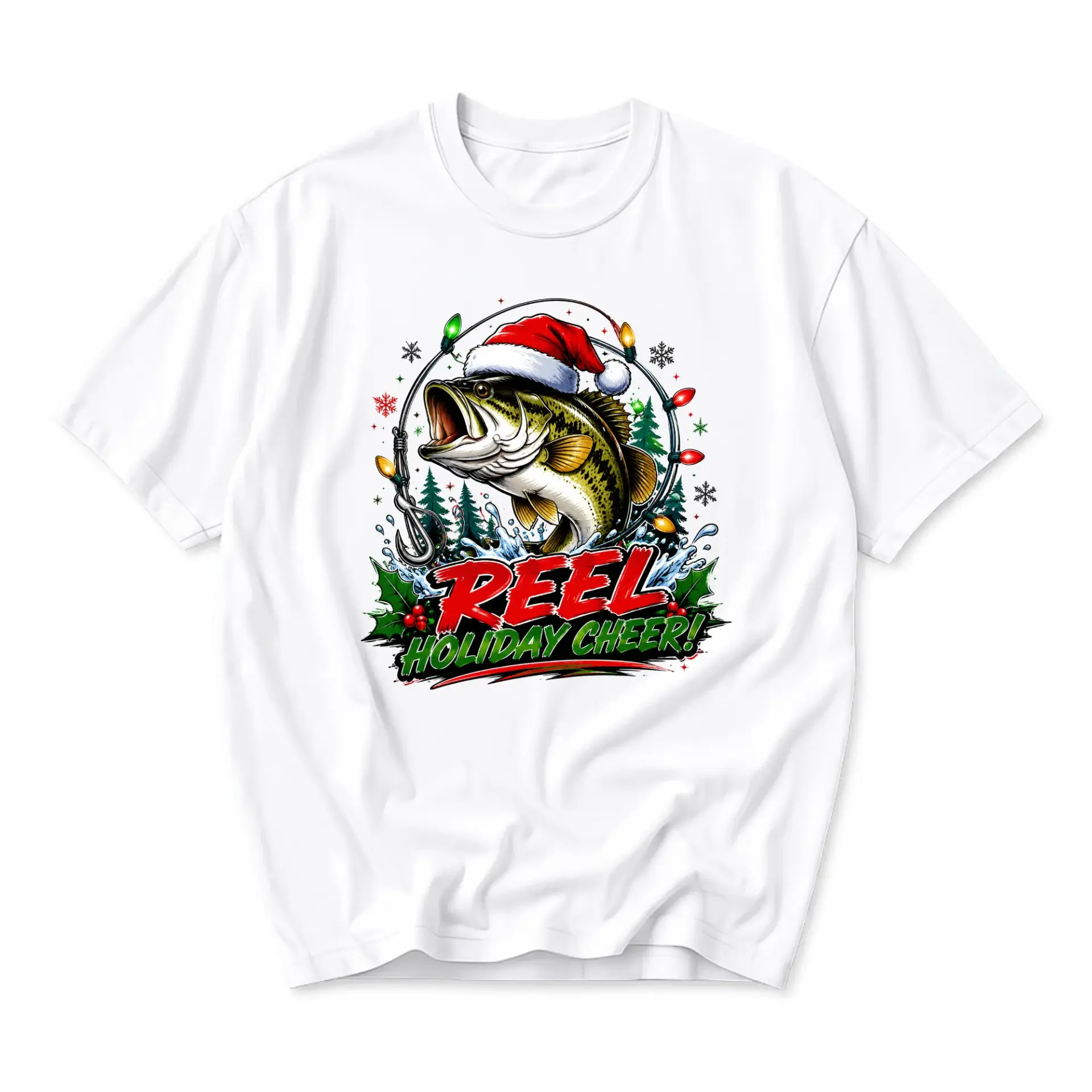 Funny Shirt Reel Holiday Cheer Fishing Graphic Tee Seasonal Unisex Crew