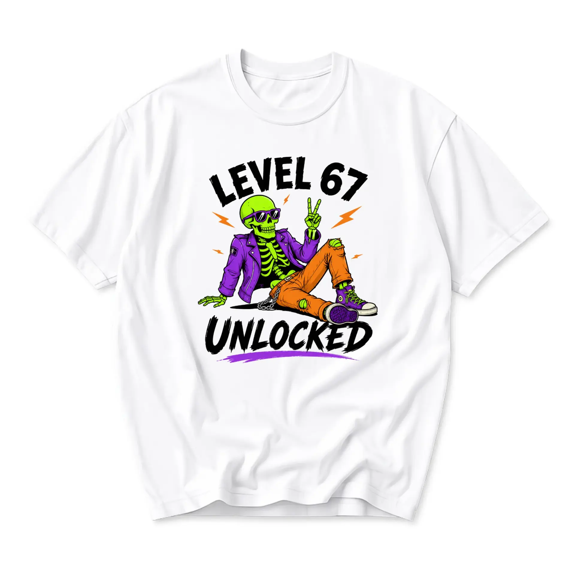 Funny Shirt Level 67 Unlocked Graphic Tee Birthday Gift for Men and Women Unisex Cotton Casual Crew Neck Top