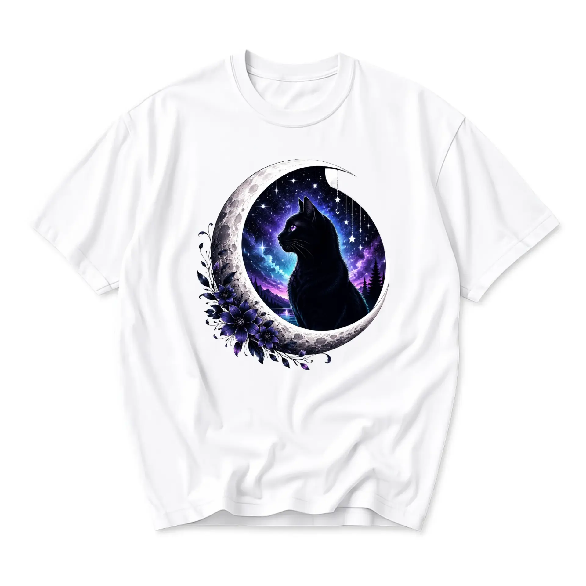 Graphic Tee Black Cat on Crescent Moon Artistic Print Unisex Crew Neck Cotton Blend Casual Short Sleeve Shirt