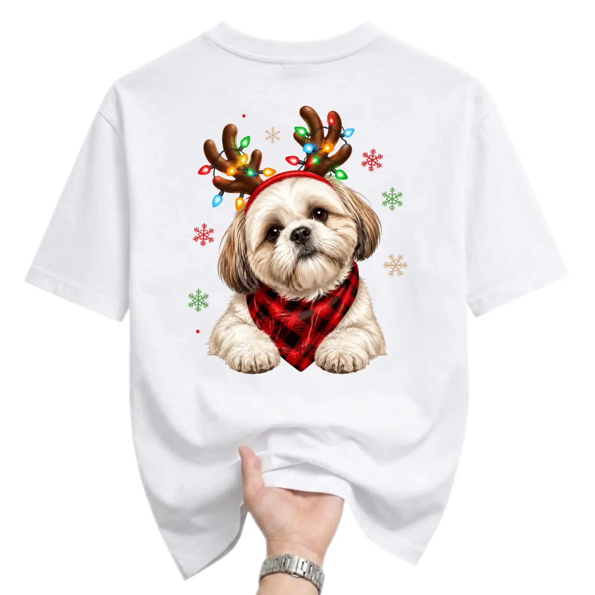 Graphic Tee Cute Shih Tzu Dog Reindeer Antlers Christmas Lights Wearing