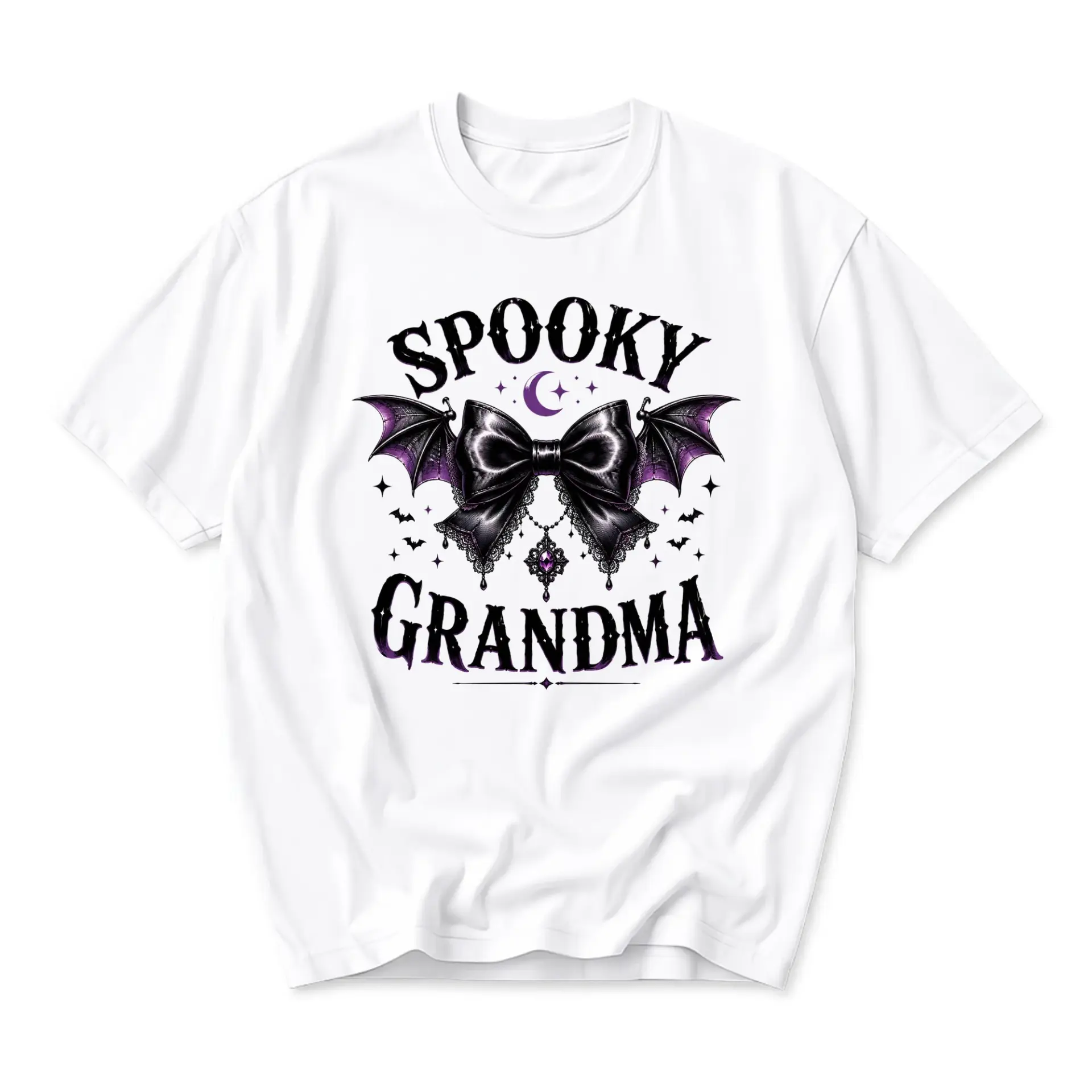 Funny Shirt Spooky Grandma Gothic Bow Bat Wings Graphic Tee Unisex Casual Crew Neck Comfortable Cotton Blend Top