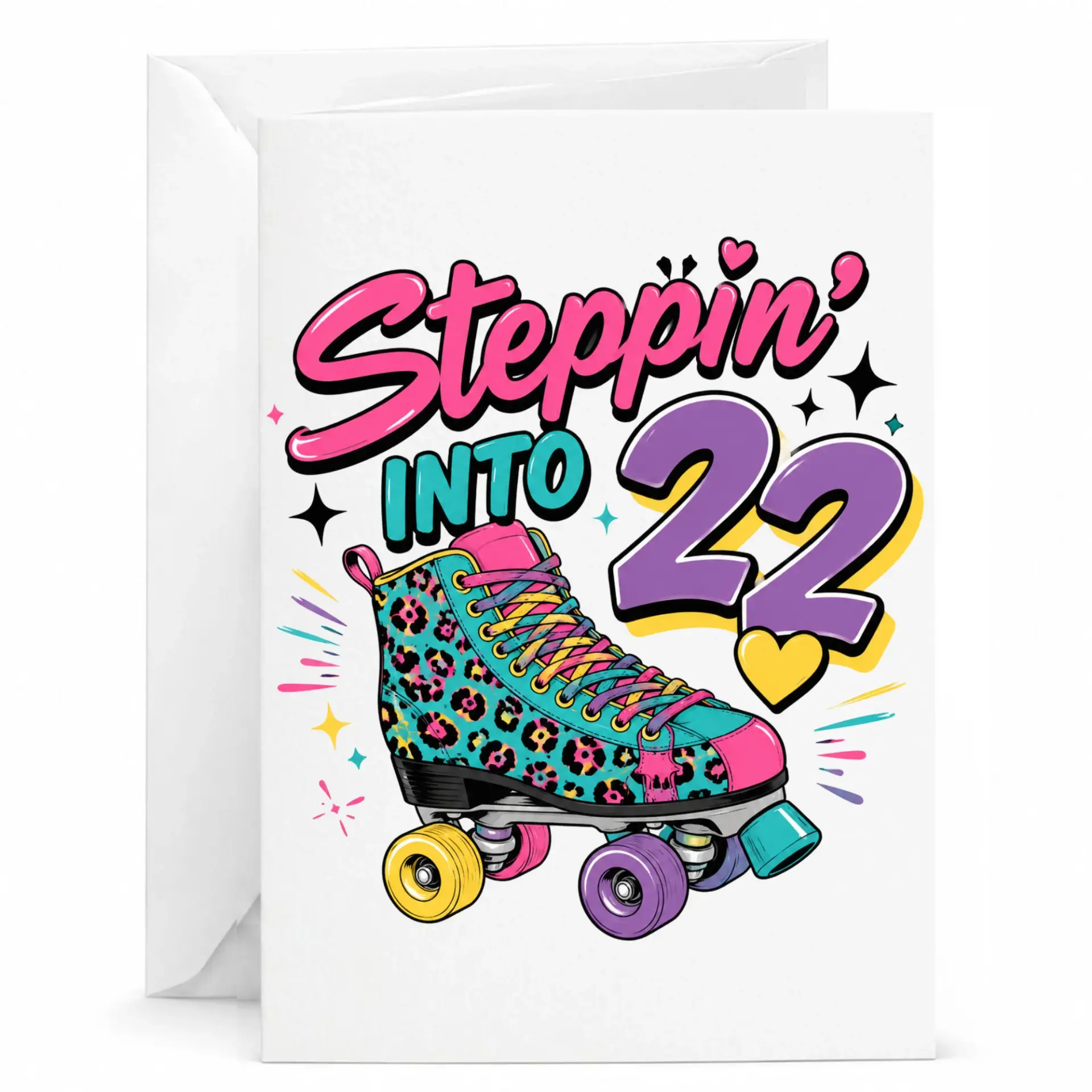 Birthday Card Steppin into 22 Roller Skate Design Fun Retro Twenty Second Birthday Greeting Card with Matching Envelope