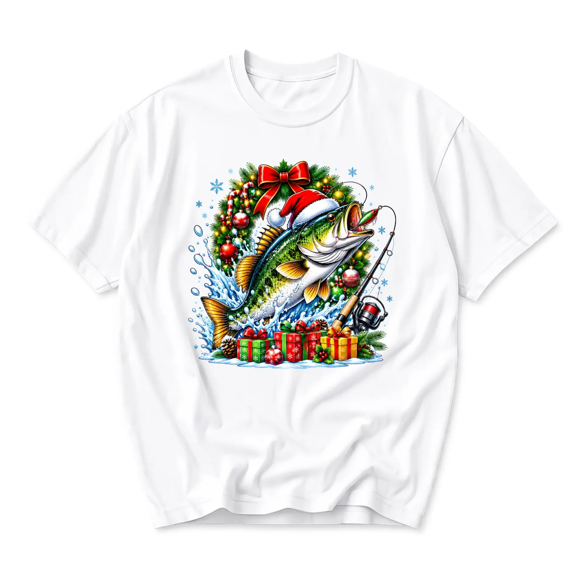 Graphic Tee Unisex Christmas Fishing Shirt Featuring with Santa Hat Wreath and Gifts Seasonal Holiday Apparel