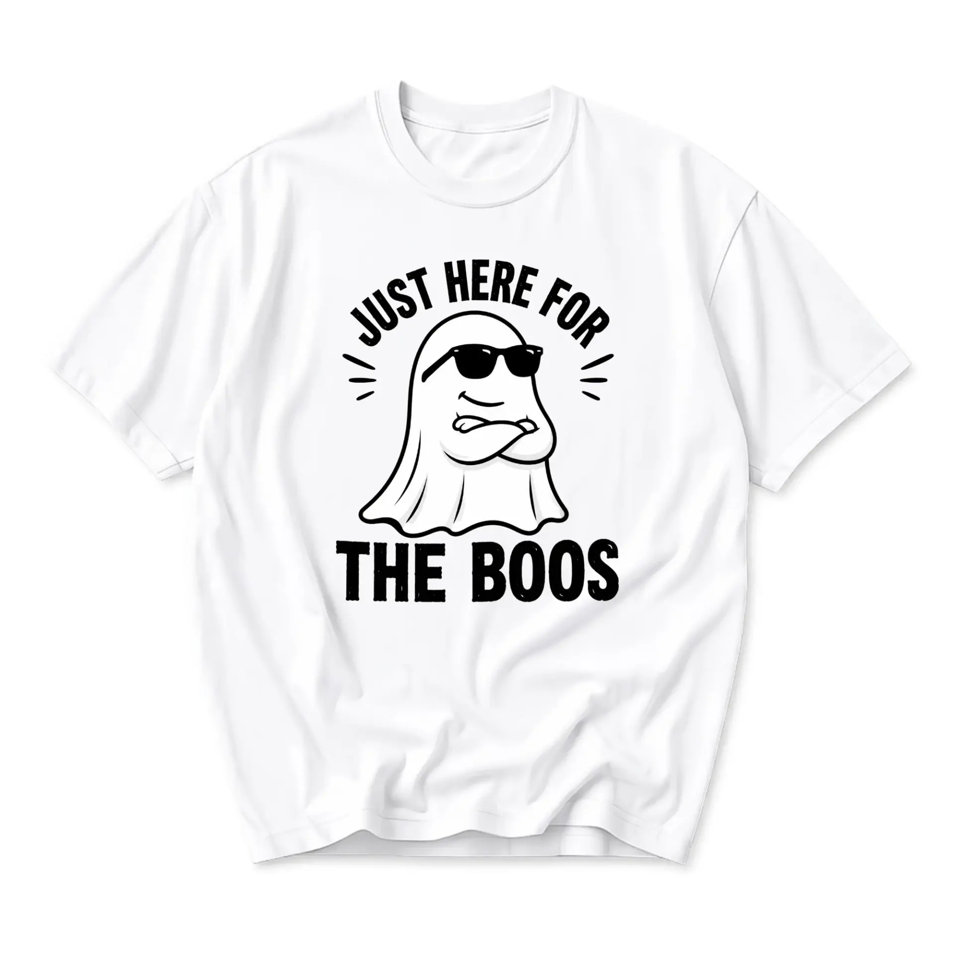 Funny Shirt Just Here for the Boos Ghost Graphic Tee Humorous Pun Art Print Casual Unisex Short Sleeve Crew Neck Top