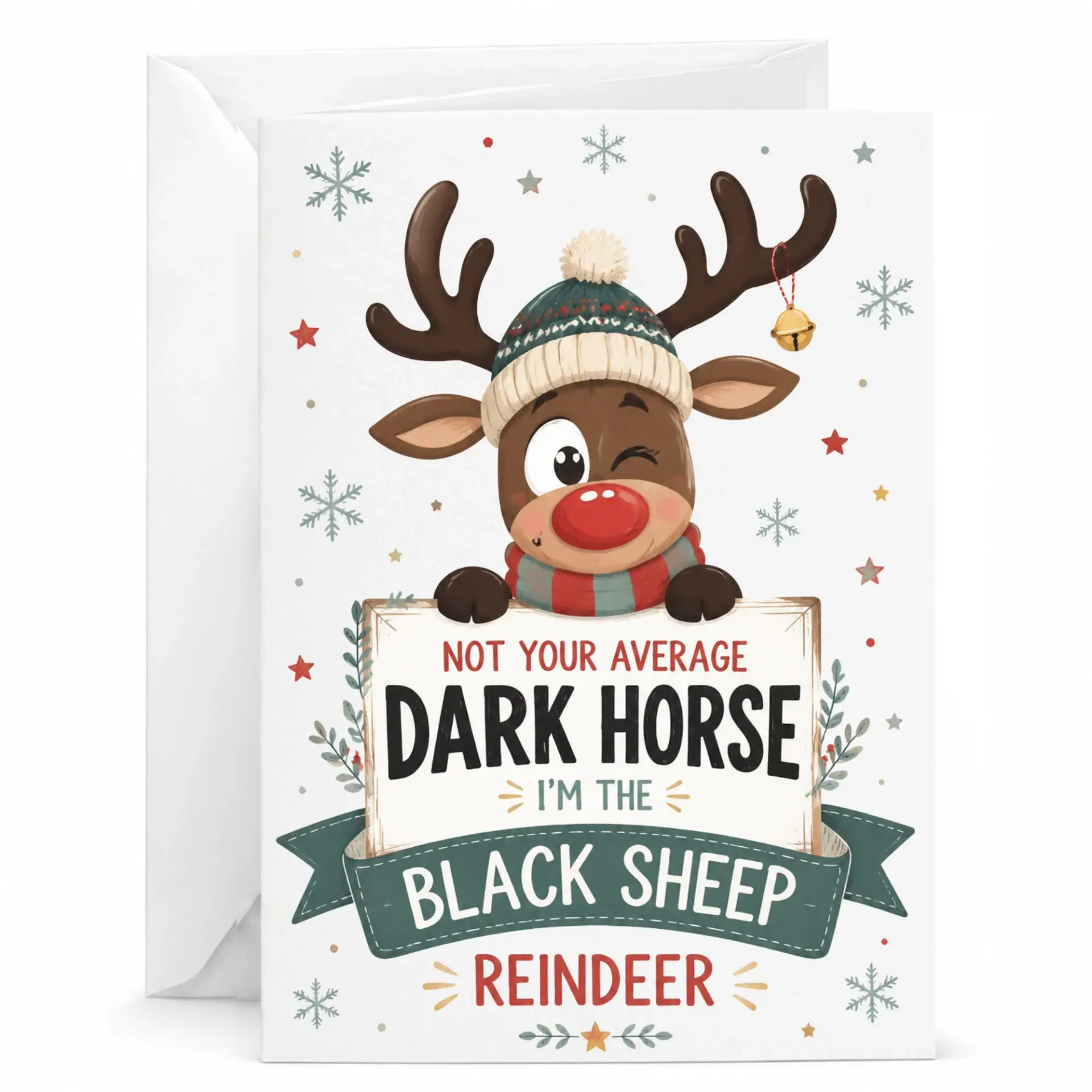 Funny Reindeer Greeting Card for Holiday Season with Winter Snowflake Design and Festive Whimsical Illustration
