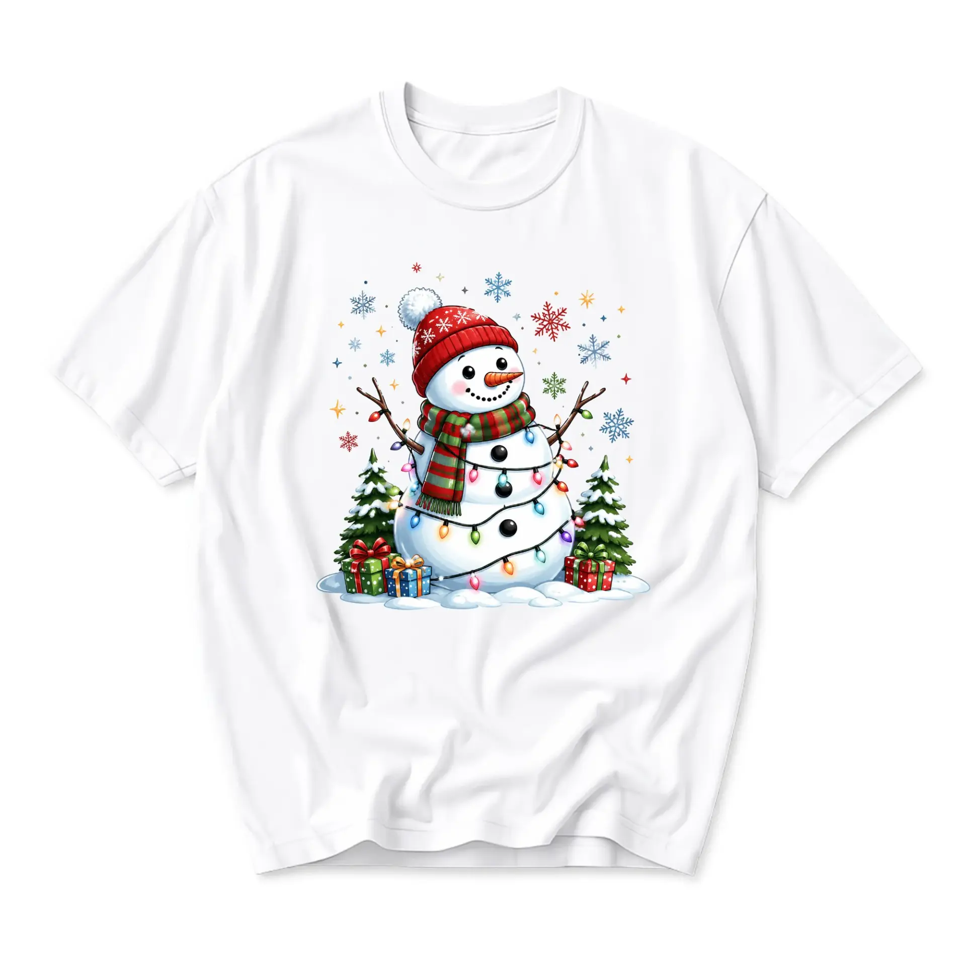 Graphic Tee Snowman Wearing Winter Hat and Scarf Wrapped in Colorful Christmas Lights Holiday Season Casual Unisex Shirt