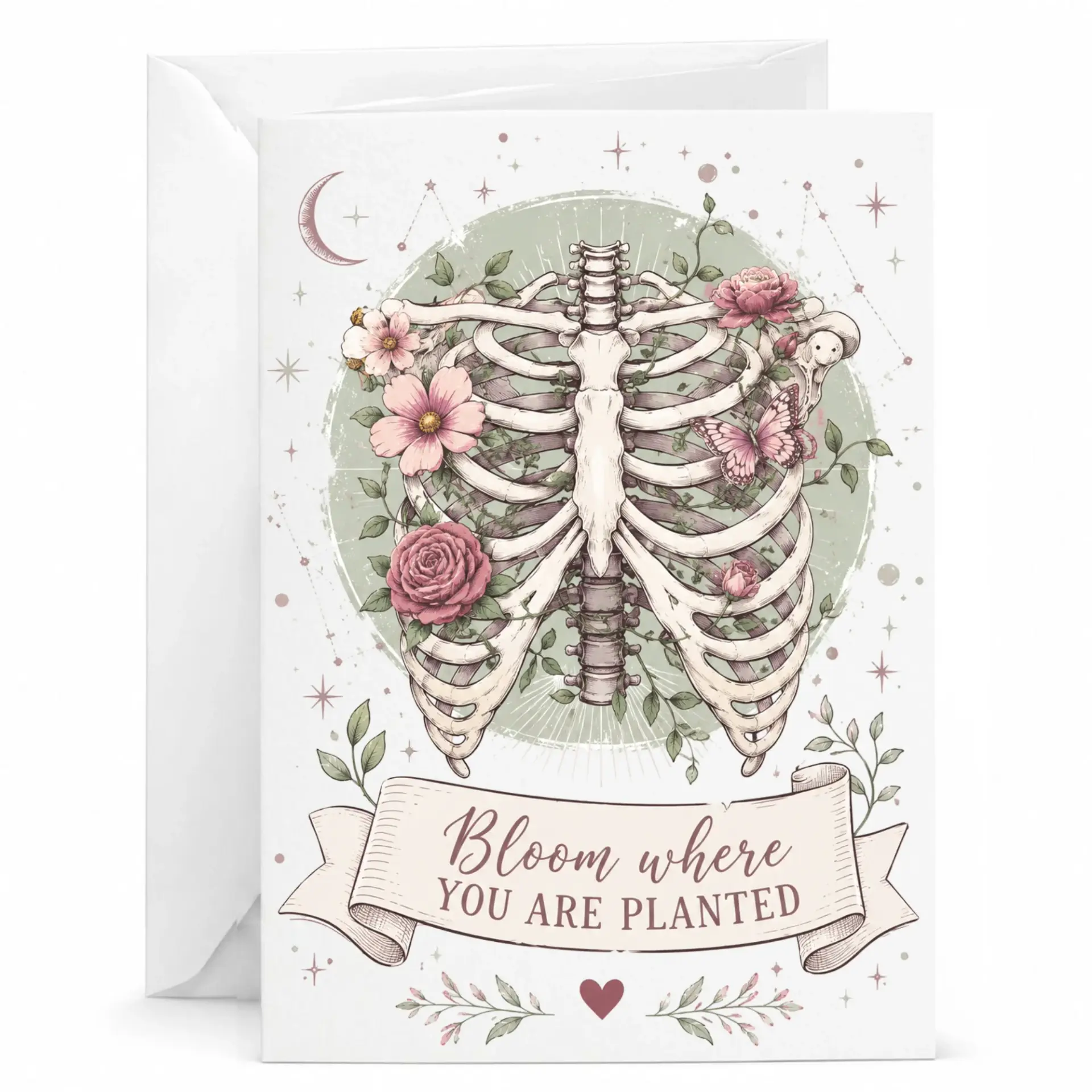 Floral Skeleton Greeting Card Where You Are Planted Gothic Stationery for Encouragement and Support