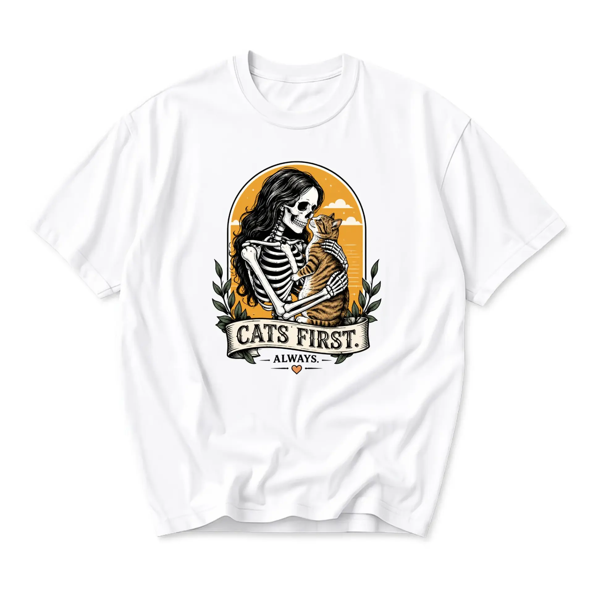 Funny Shirt Cats First Always Graphic Tee for Cat Lovers Featuring Skeleton Holding Kitten Art Design Unisex Crew Neck