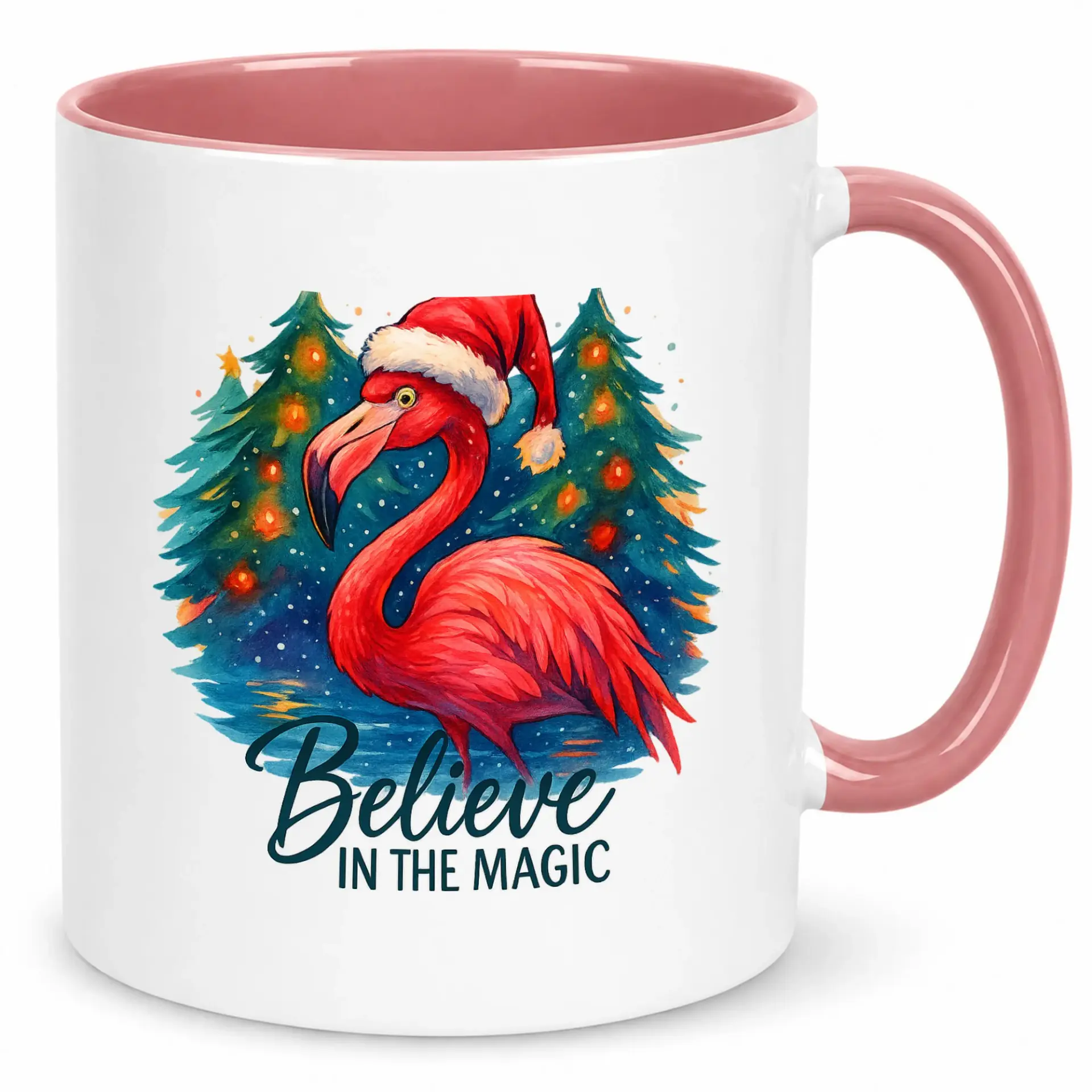 Christmas Flamingo Coffee Mug for Holiday Season, Festive Tropical Theme Ceramic Cup, Unique Believe in the Magic Drinkware Gift