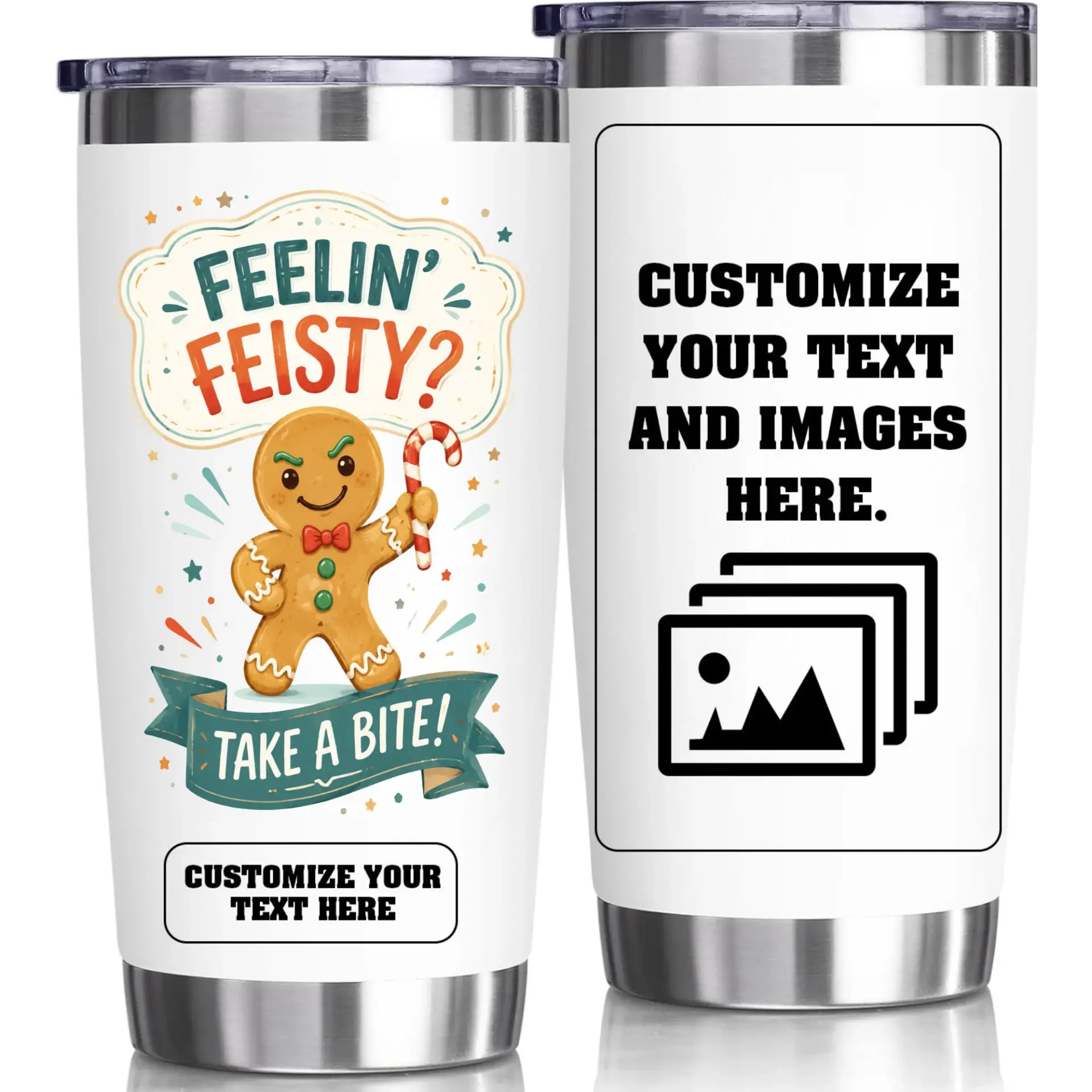 Stainless Steel Tumbler 20oz Feelin Feisty Gingerbread Man Design Double Wall Vacuum Insulated Travel Coffee Cup