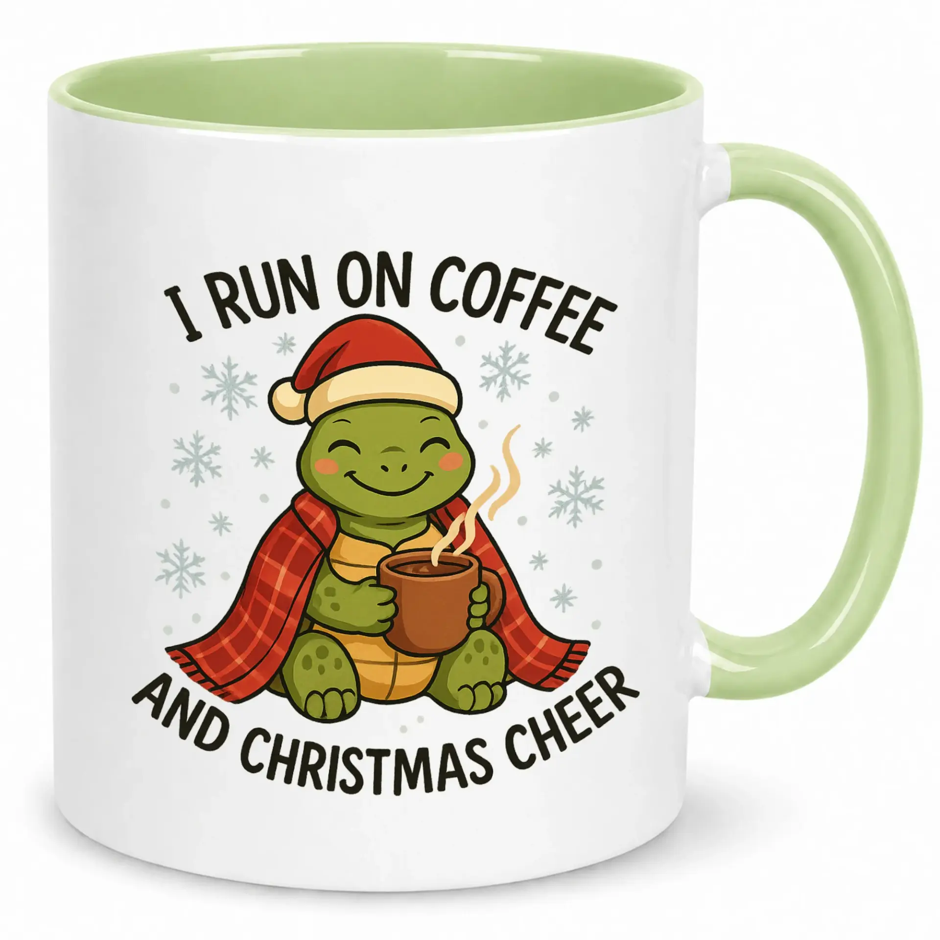 Funny Christmas Coffee Mug with Cheerful Turtle Design, 'i Run on Coffee and Christmas Cheer' Ceramic Tea Cup for Holiday Season Drinks