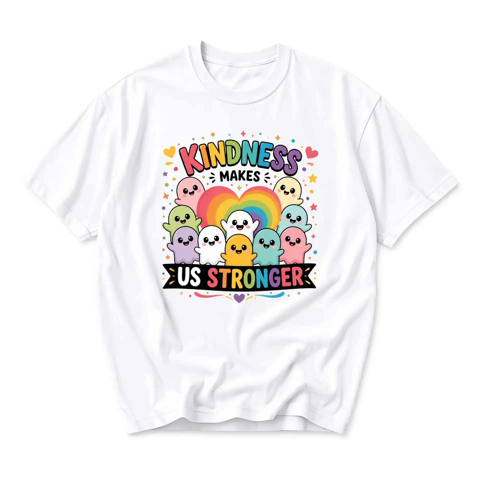 Graphic Tee Kindness Makes Us Stronger Rainbow Heart Cute Ghosts Unisex Crew Neck Soft Cotton Everyday Casual Shirt