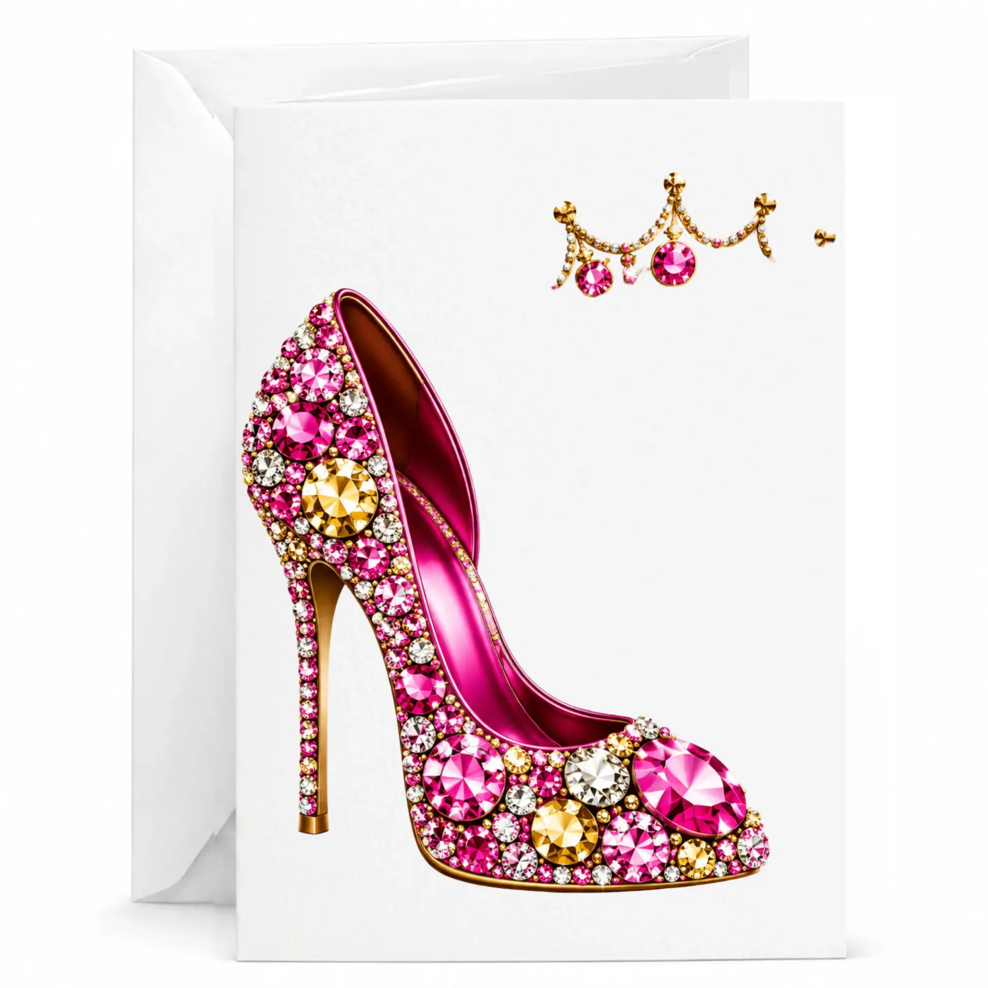 Greeting Card with High Heel Shoe and Crown Motif Elegant Rhinestone Design for Special Occasions and Celebrations