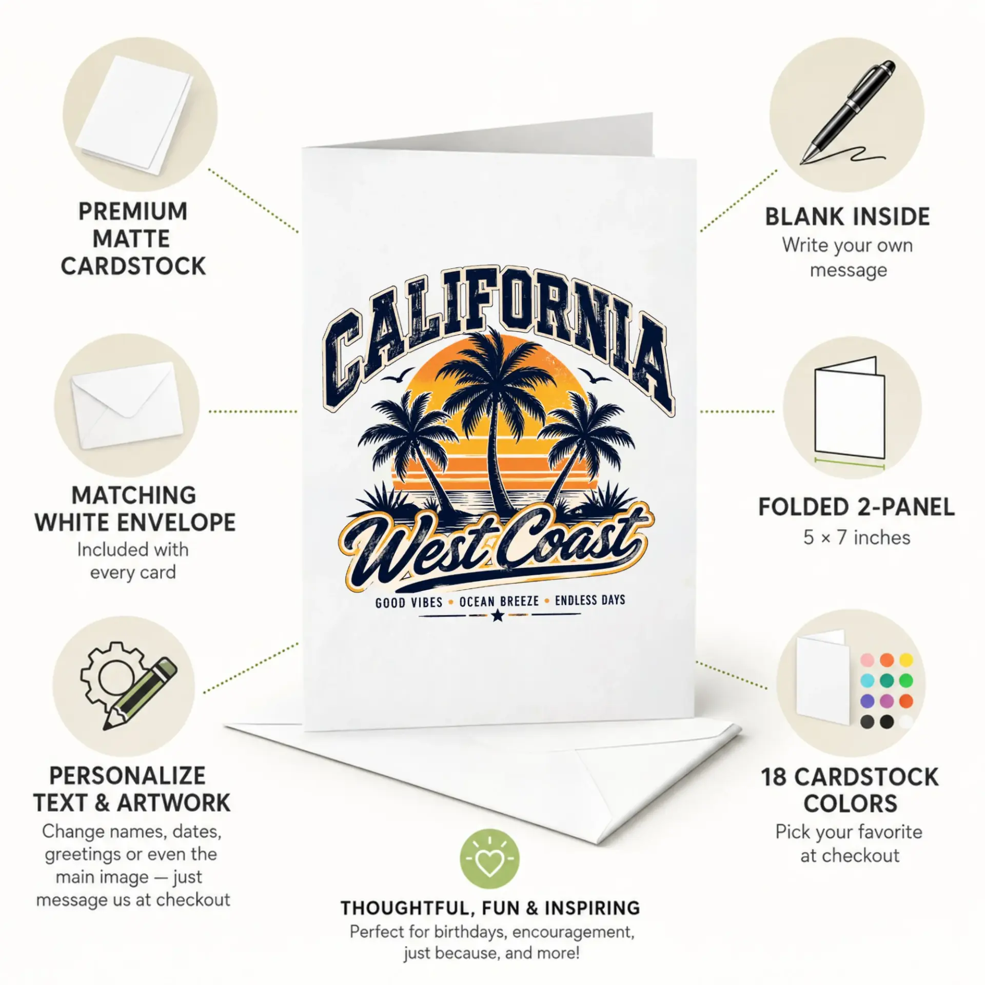 Greeting Card California West Coast Palms Sunset Vintage Style Stationery for Travel Lovers and Beach Enthusiasts