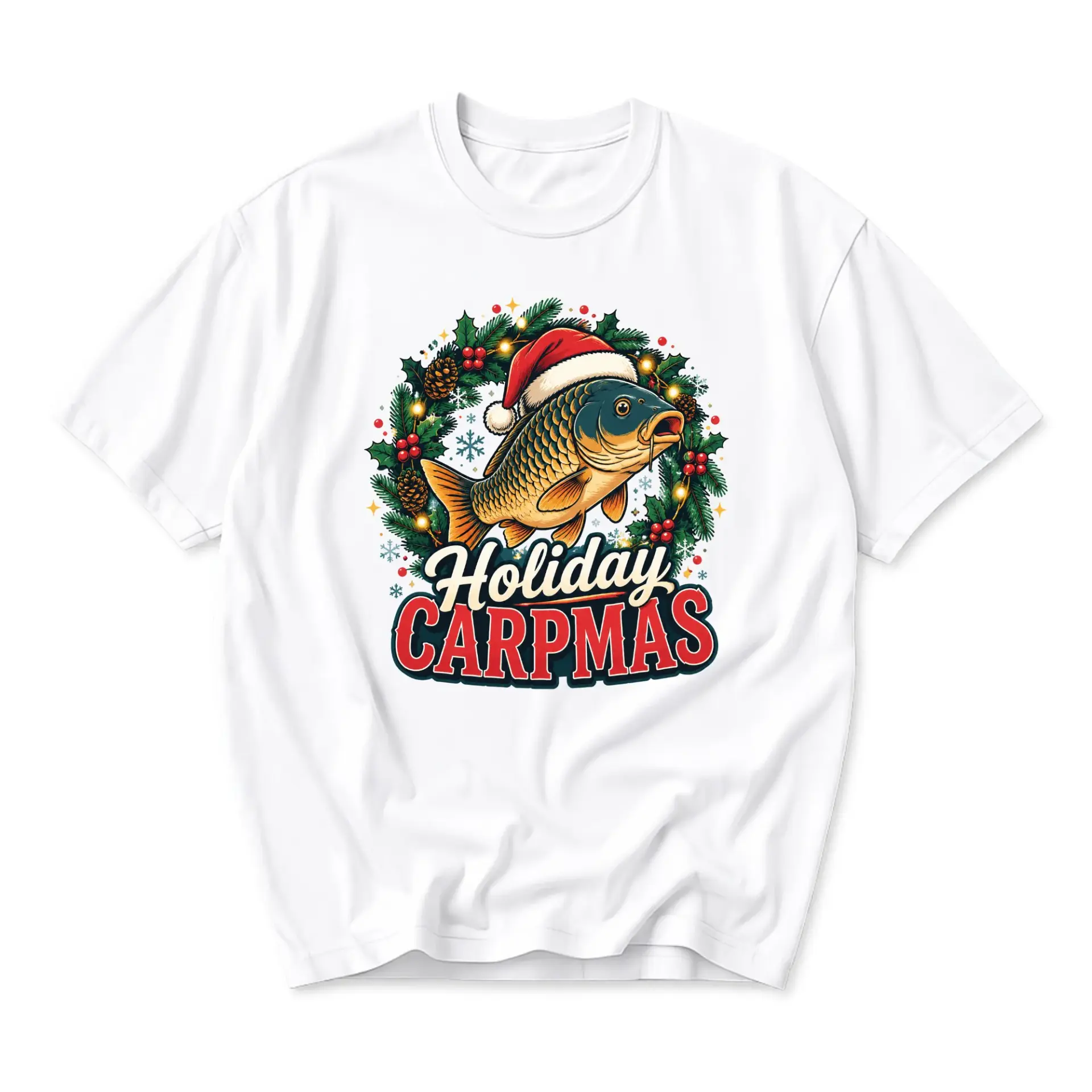 Funny Shirt Holiday Carpmas Unisex Graphic Printed T-Shirt Featuring Festive Fish Design for Seasonal Humor Apparel