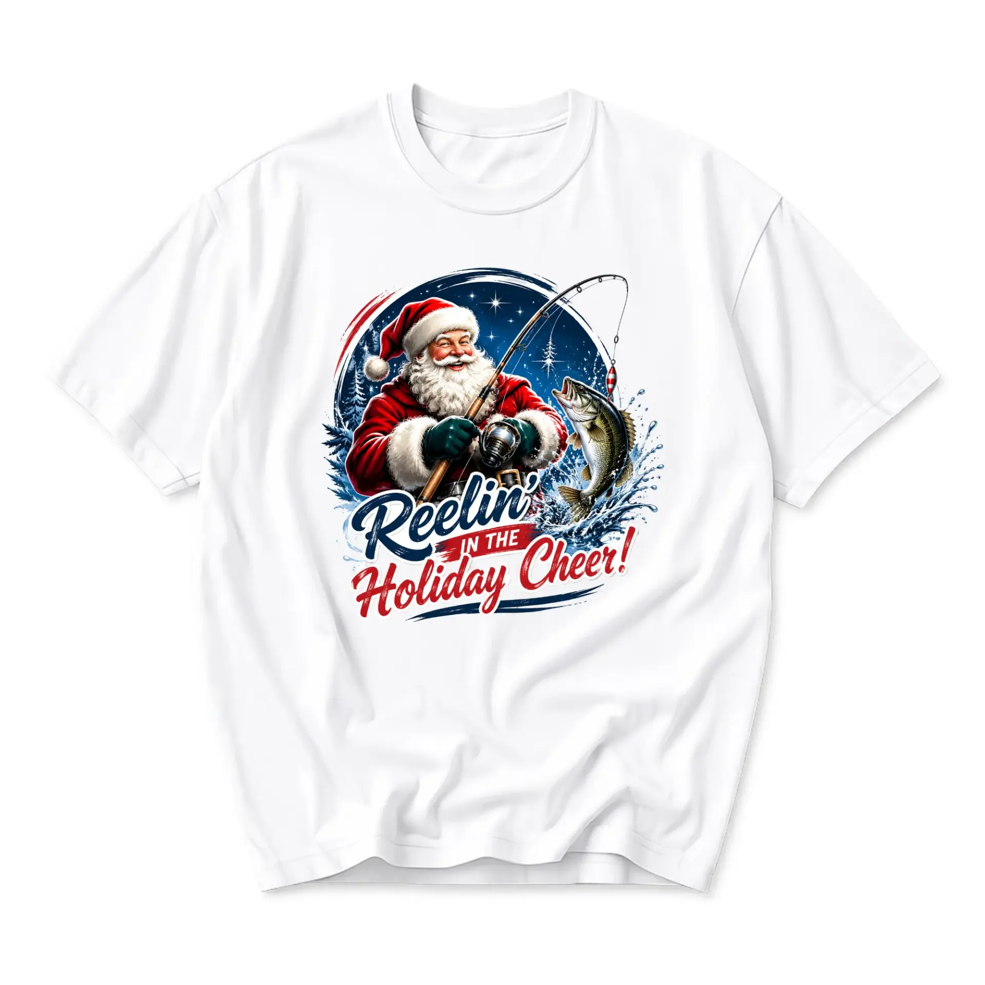 Funny Shirt Reelin in the Holiday Cheer Santa Claus Fishing Graphic Tee