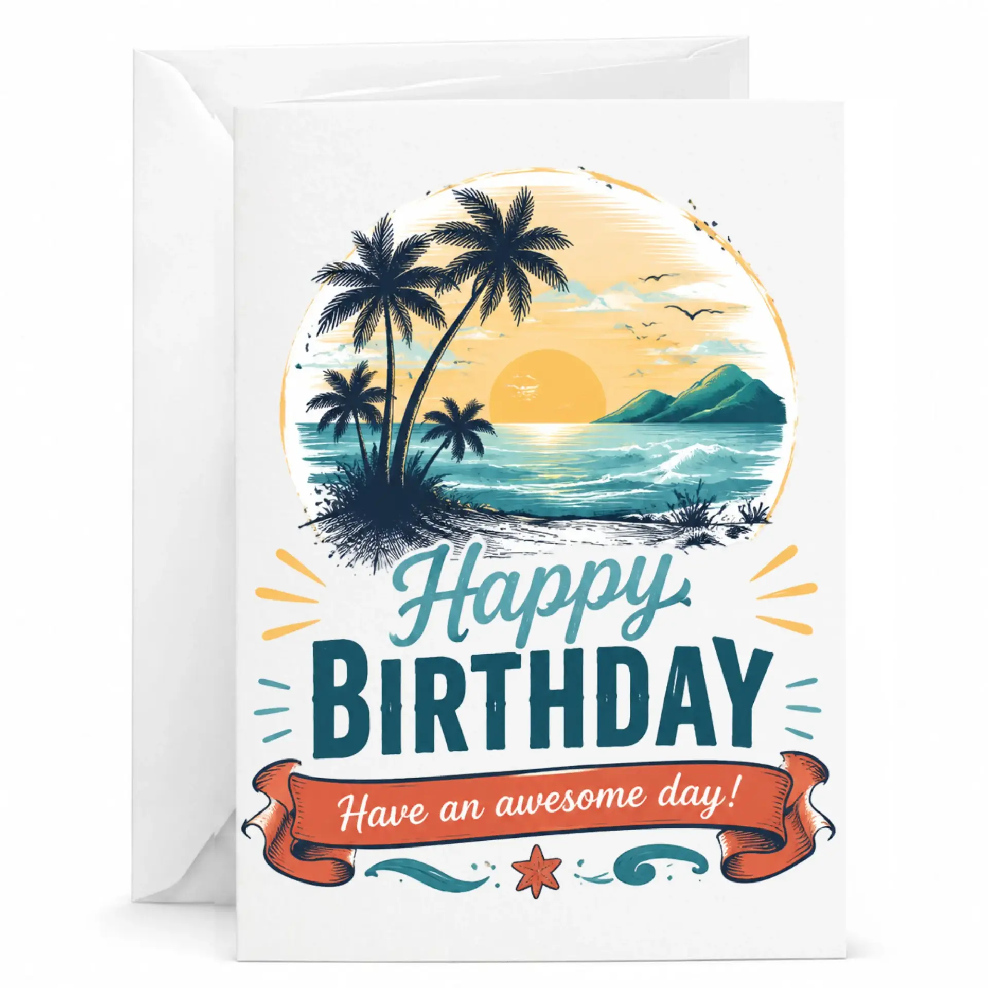 Birthday Card Tropical Beach Sunset Theme Greeting Card for Celebrating Special Milestones and Sending Best Wishes