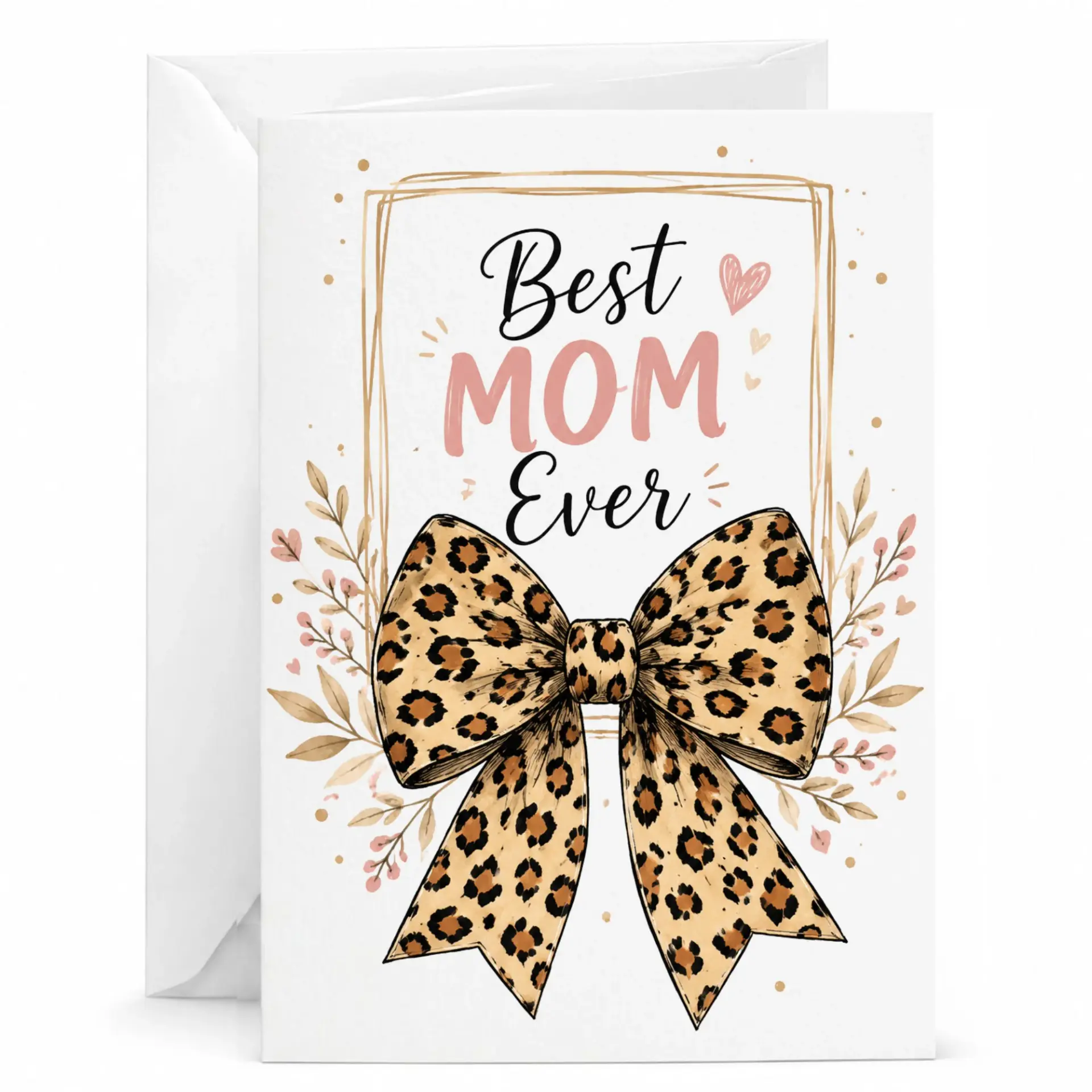Greeting Card Best Mom Ever Leopard Print Bow Design Decorative Folded Stationery for Heartfelt Messages 5x7 Inches