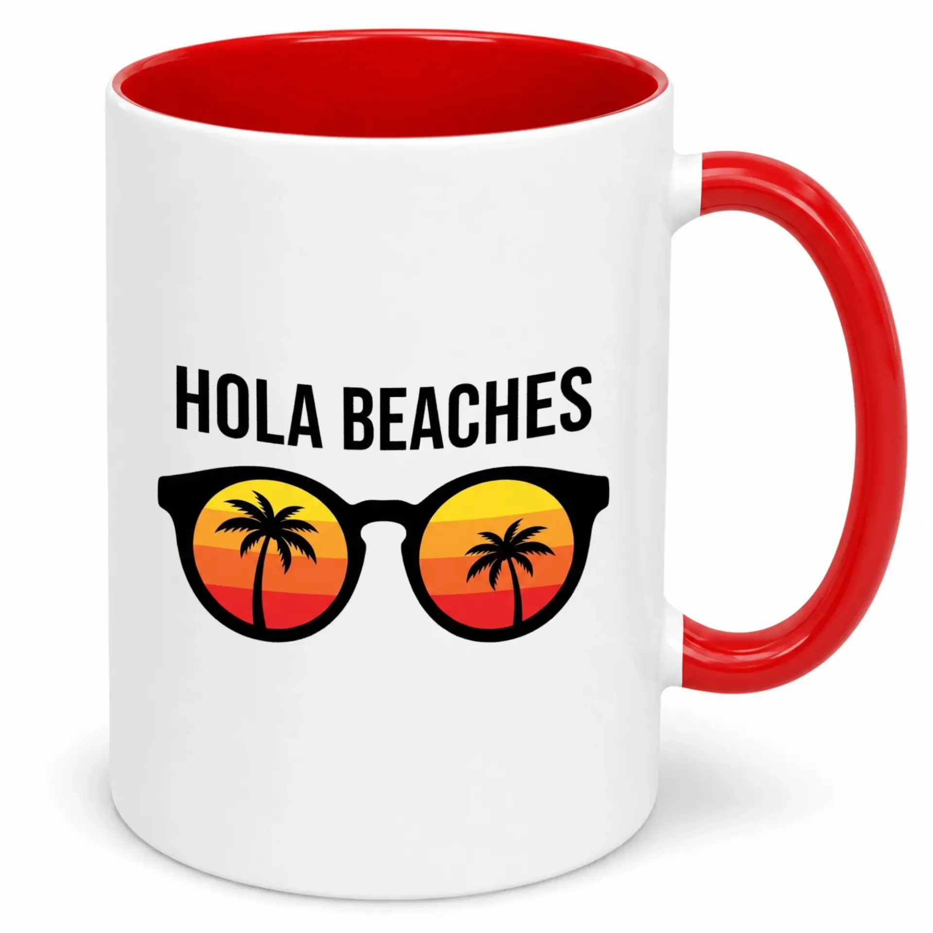 Funny Summer Beach Ceramic Coffee Mug, Hola Beaches & Palm Tree Sunglasses Design, Premium White Tea Cup, Vacation Gift for Friends and Family