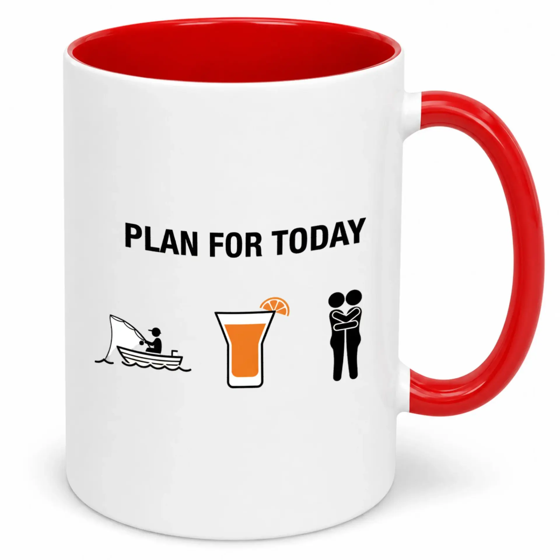 Funny Ceramic Coffee Mug with Fishing, Drink, and Hug Icons - 'plan for Today' Design, Unique Drinkware for Enthusiasts and Couples