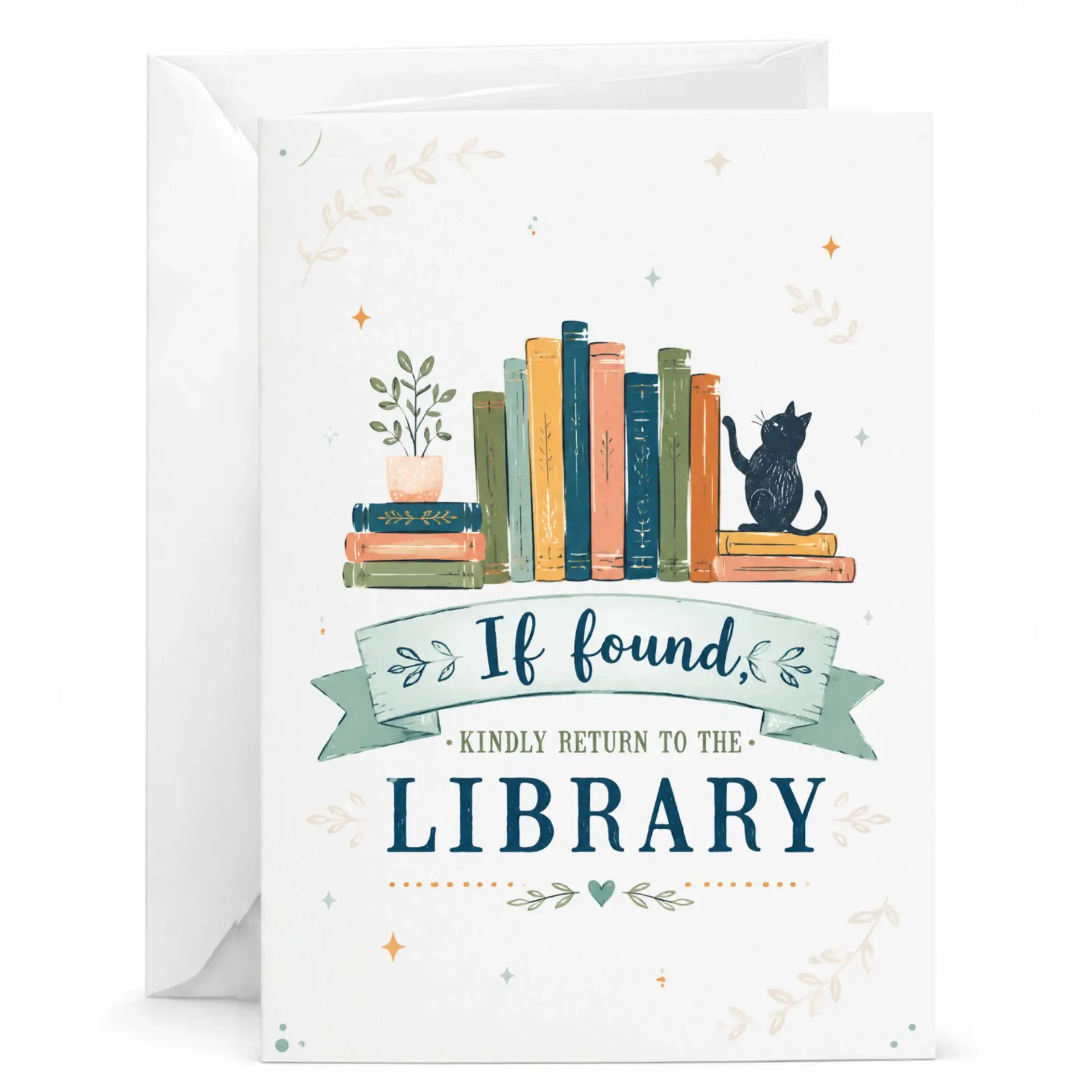 Greeting Card If Found Kindly Return to the Library Funny Book Lover Design with Matching White Envelope 5x7 Inches