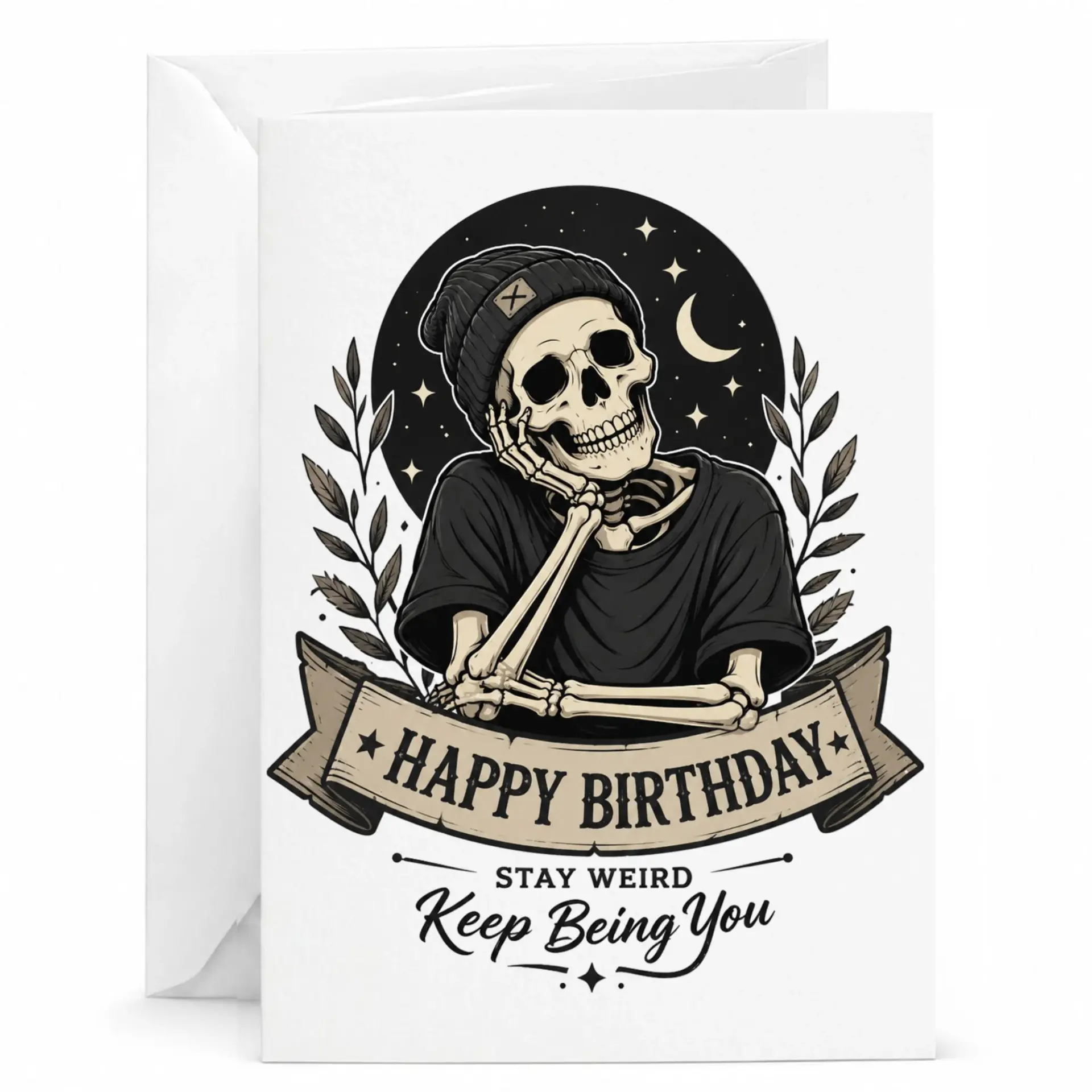 Funny Skull Birthday Card for Unique Individuals Artistic Skeleton Graphic Greeting with Blank Interior