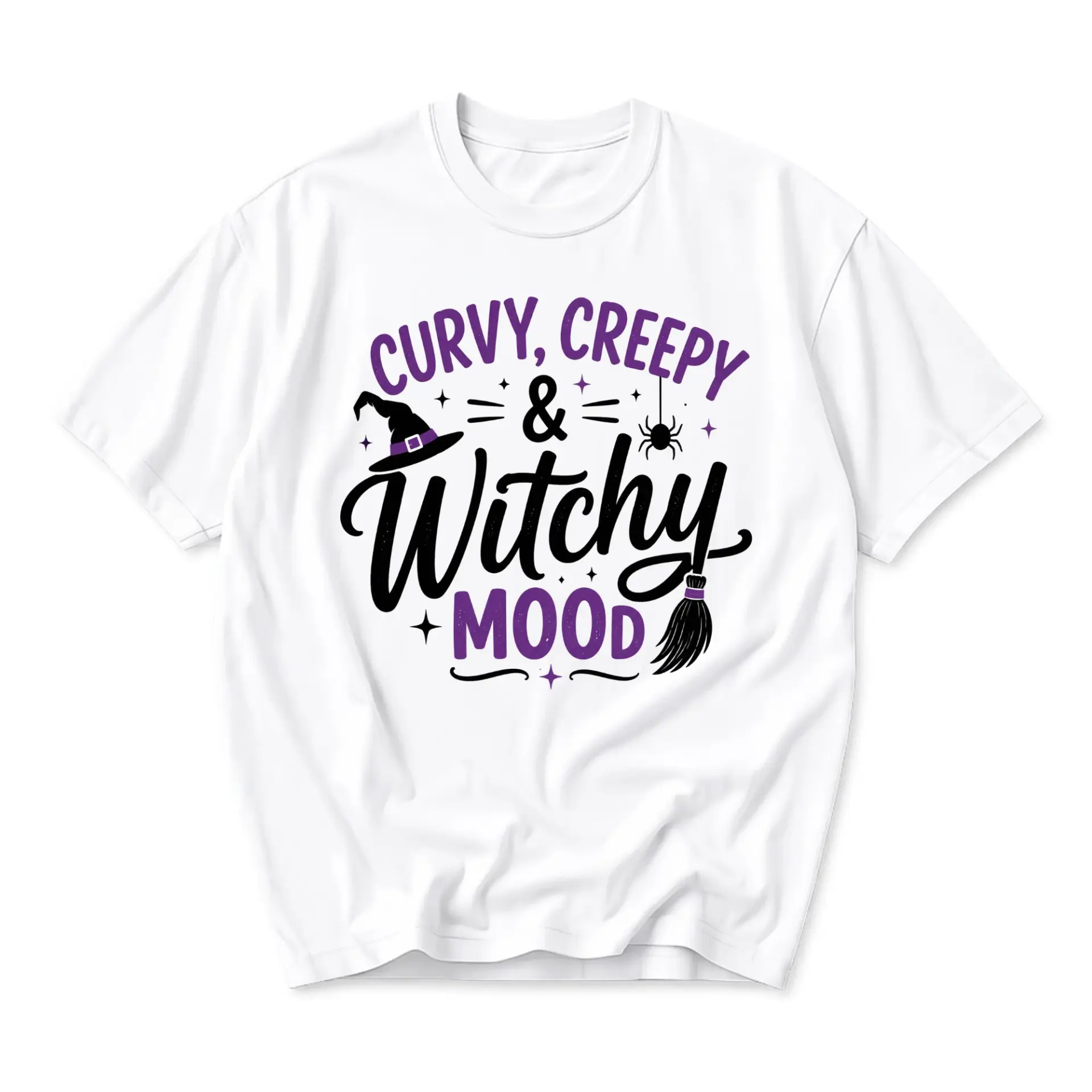 Graphic Tee Curvy Creepy and Witchy Mood Funny Halloween Shirt Unisex Crew Neck Short Sleeve Casual Cotton Apparel