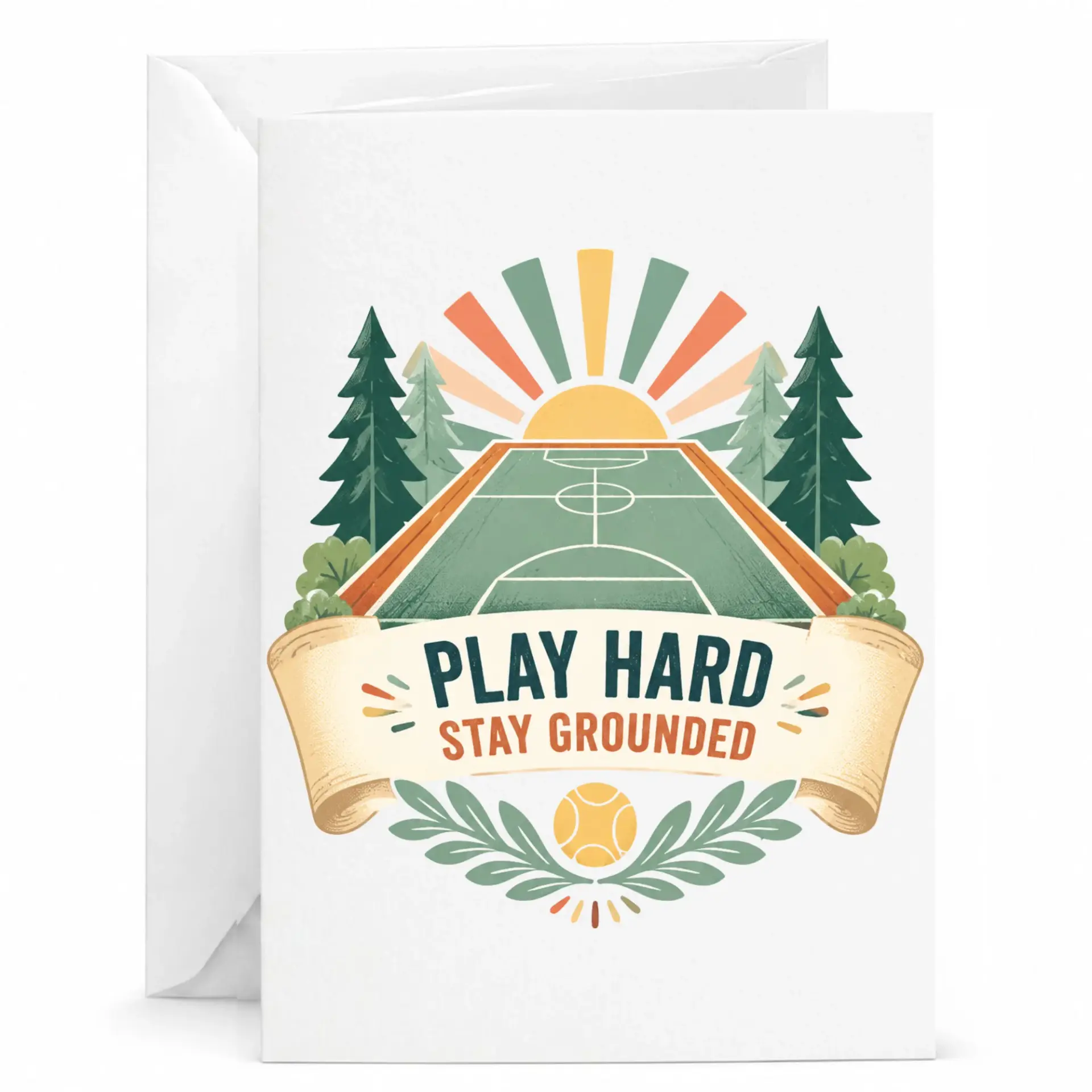Greeting Card Play Hard Stay Grounded Basketball Court Illustration Premium Stationery for Encouragement and Celebration