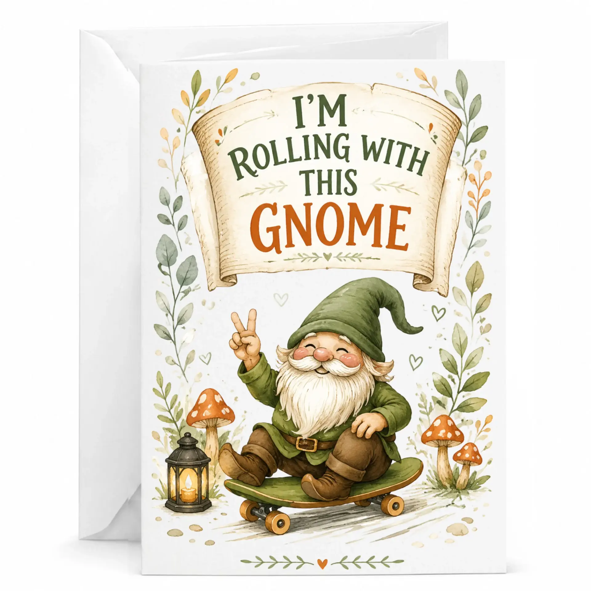 Funny Gnome Greeting Card Cute Garden on Skateboard Illustration Whimsical Pun Note for Any Occasion