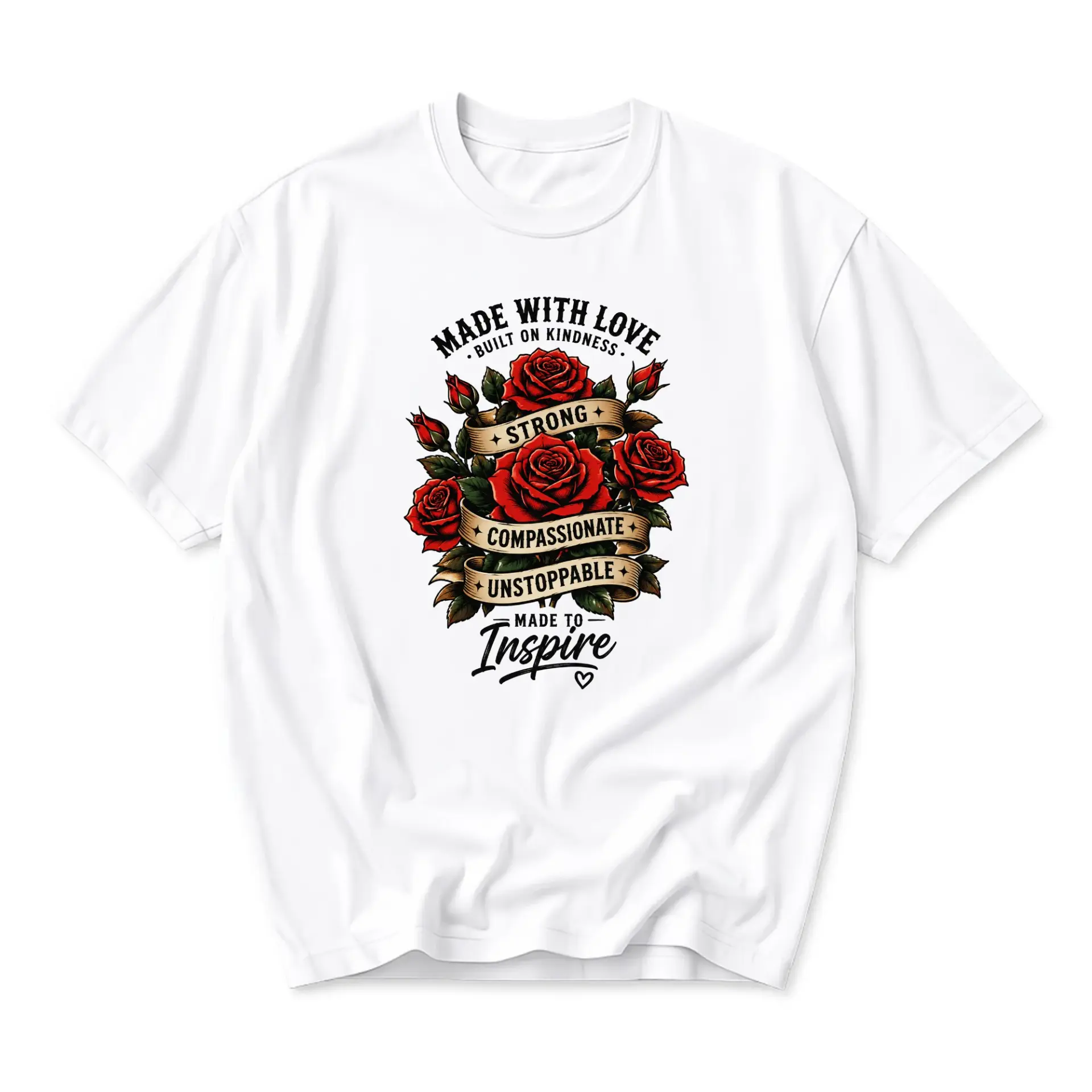 T-shirt Made with Love Built on Kindness Floral Graphic Tee Inspirational Rose Design Casual Unisex Crew Neck Top
