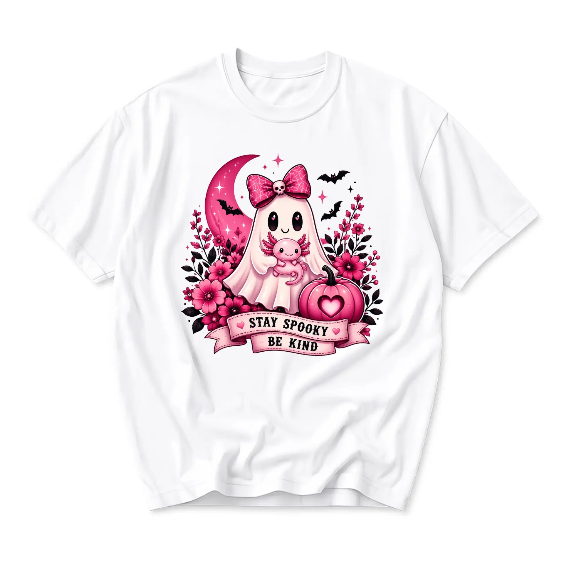 Graphic Tee Stay Spooky Be Kind Cute Ghost and Axolotl Shirt Pink Floral Halloween Unisex Casual Crew Neck T-Shirt