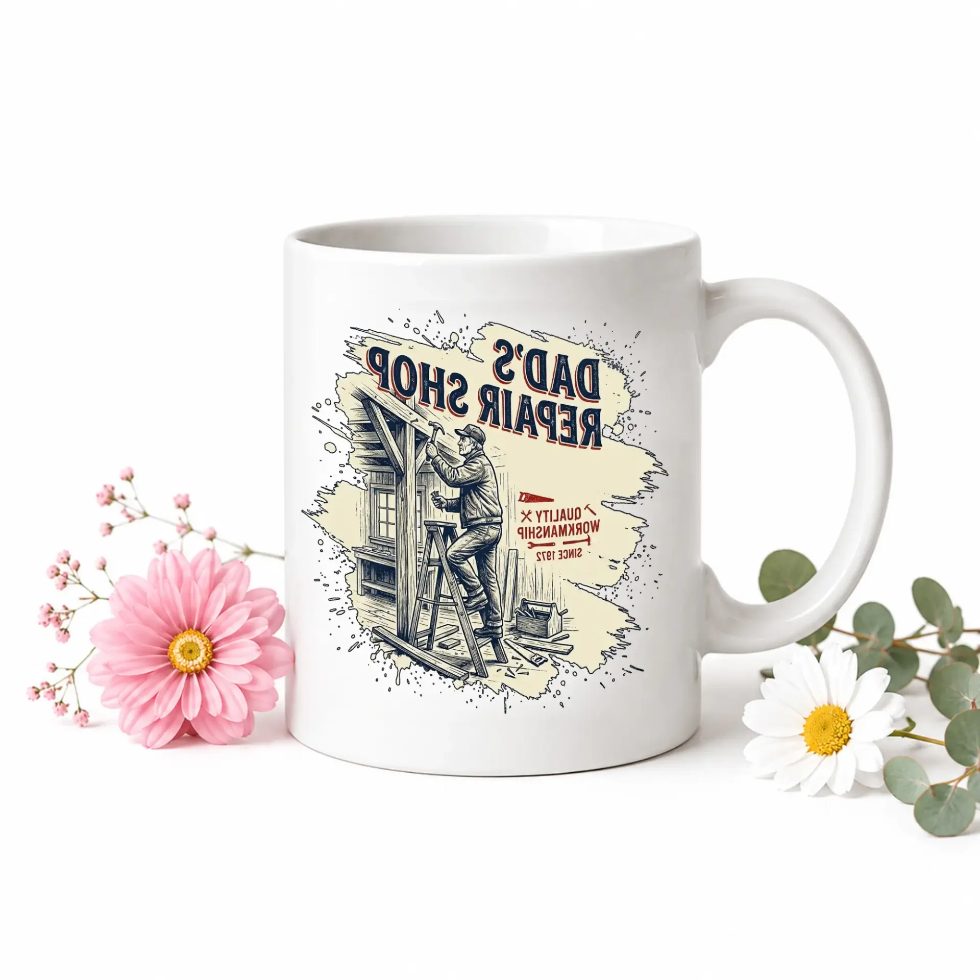 Funny Repair Shop Coffee Mug Personalized Dad Gift Ceramic Cup with Blue Accent Handle for Home and Office Beverage Use