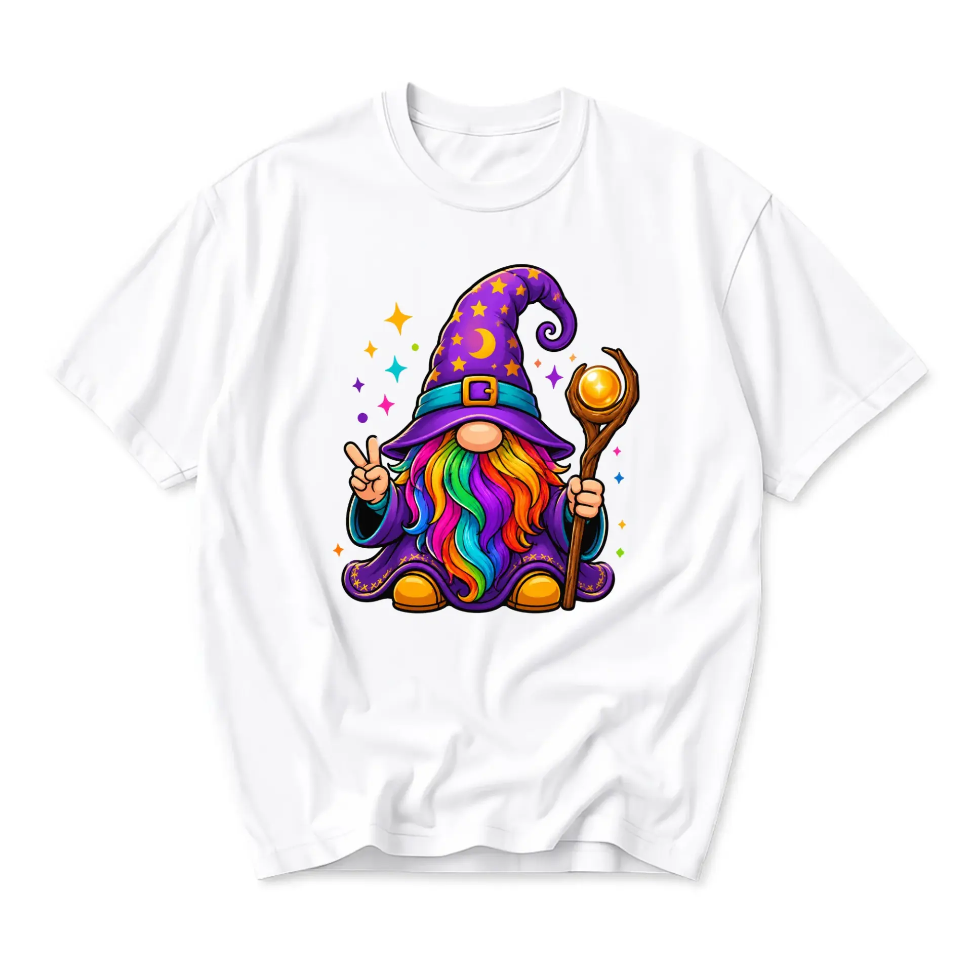 Graphic Tee Unisex Crew Neck Short Sleeve Shirt Featuring Colorful Fantasy Wizard Gnome Design for Everyday Casual Wear