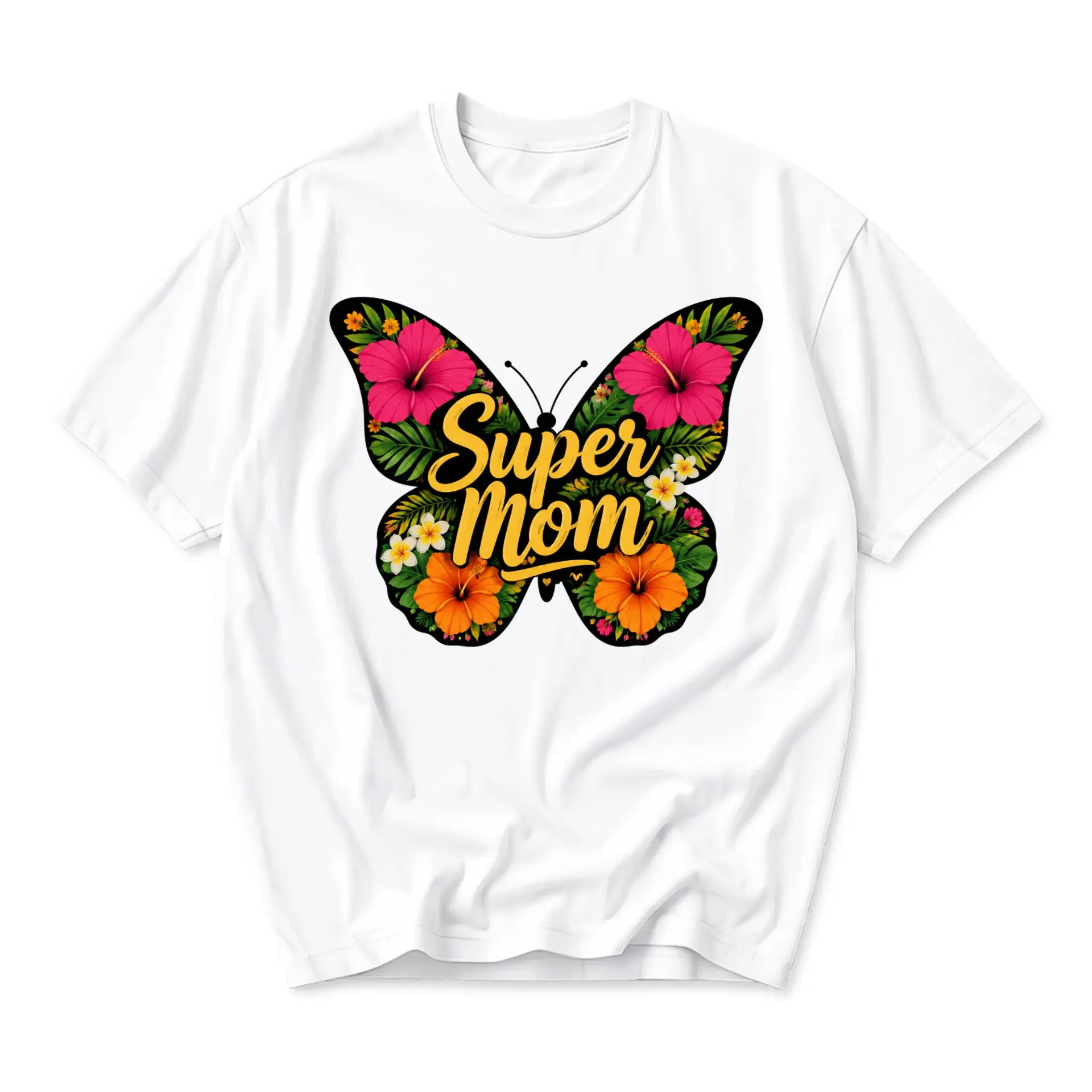 Graphic Tee Super Mom Floral Butterfly Design Unisex Crew Neck Soft Cotton Casual Everyday Statement Short Sleeve Shirt
