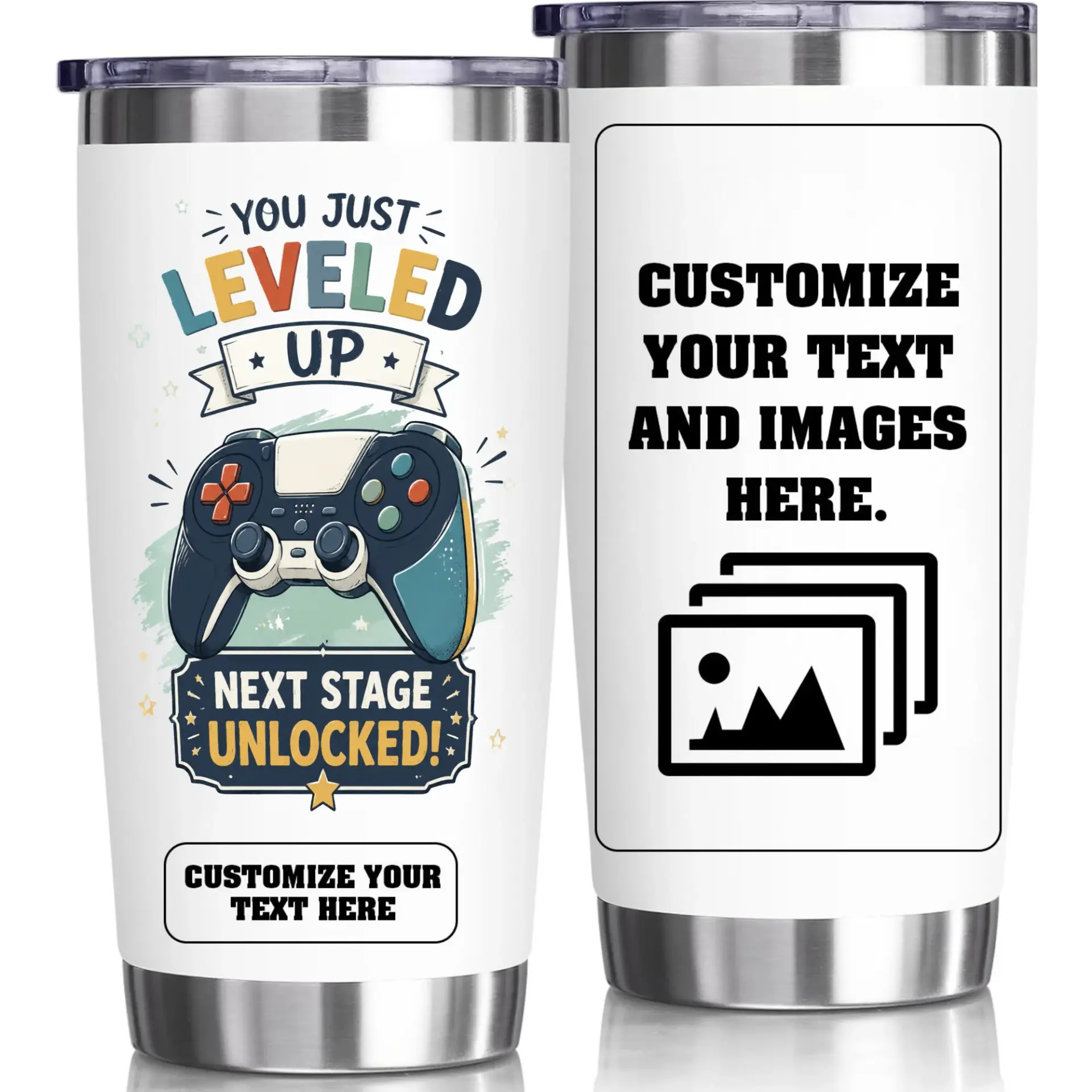 Stainless Steel Tumbler 20oz Vacuum Insulated Travel Mug Personalized Gaming Design Gift for Gamer Coffee Tea Drinker