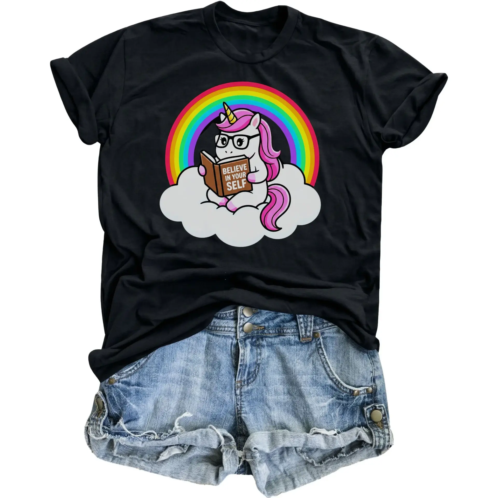 Graphic Tee Unisex Crew Neck Shirt Featuring a Cute Unicorn Reading a Book on a Cloud with a Bright Colorful Rainbow