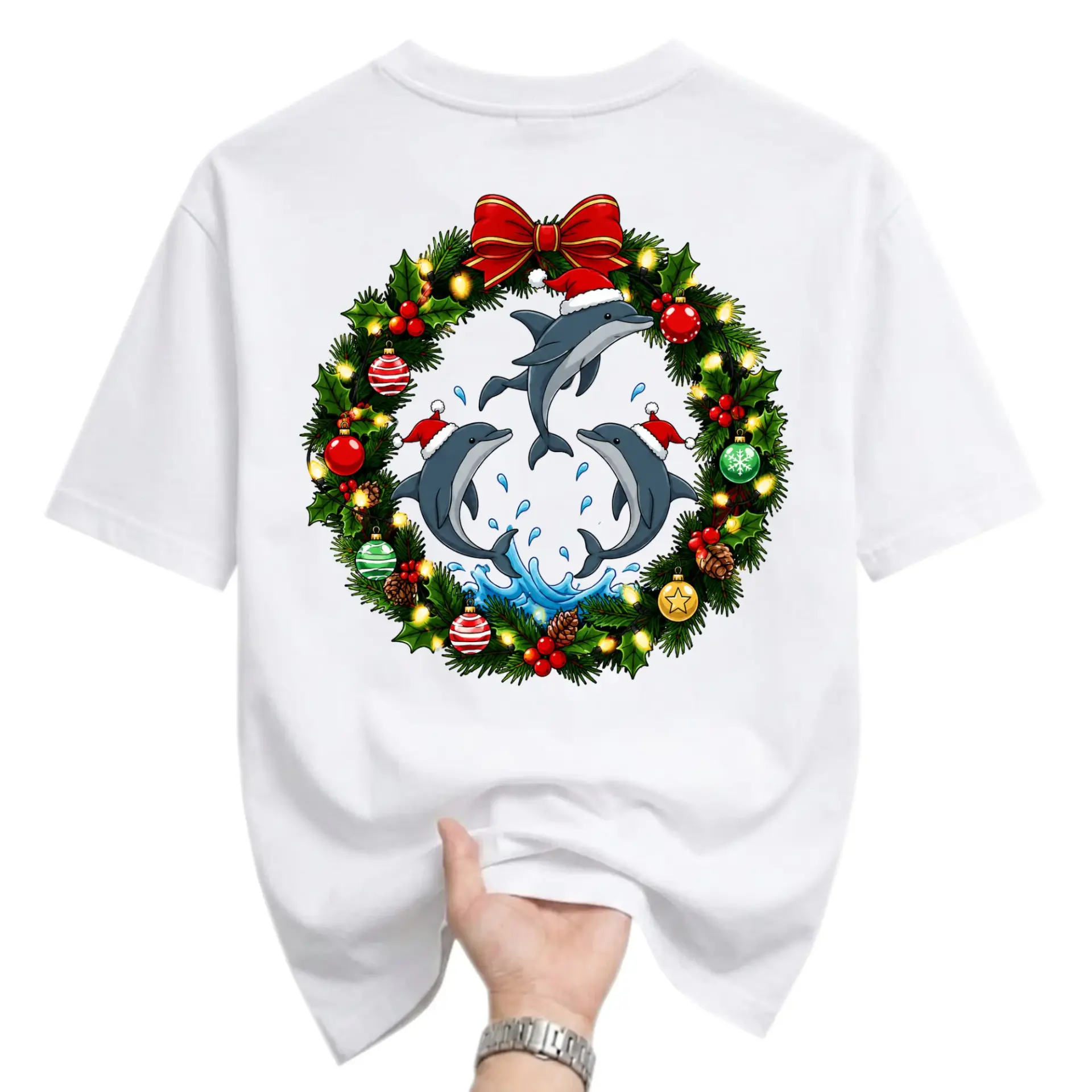 Graphic Tee Unisex Crew Neck T-Shirt Holiday Christmas Dolphin Wreath