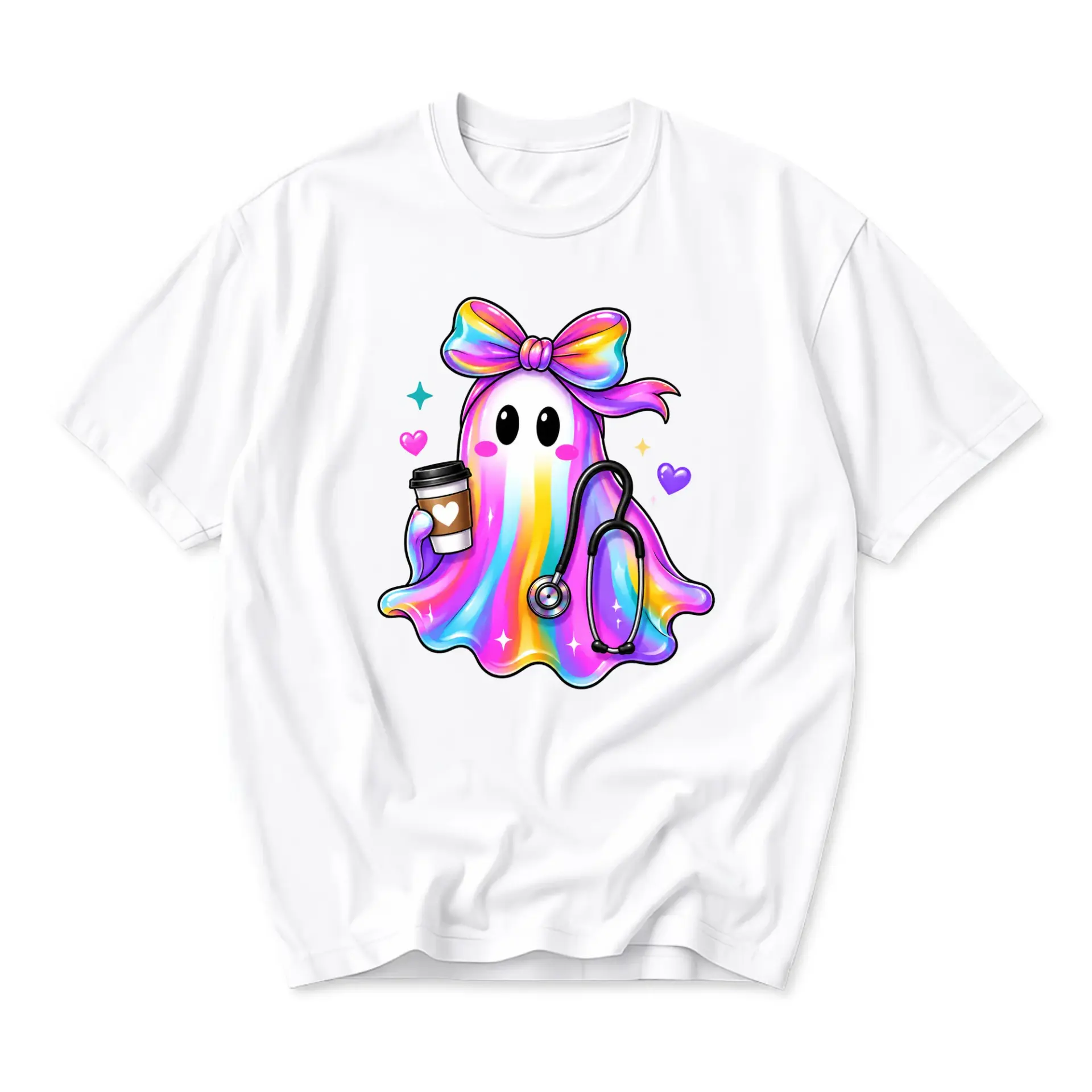 Graphic Tee Unisex Crew Neck T-Shirt Cute Rainbow Ghost Nurse with Stethoscope and Coffee Casual Everyday Apparel