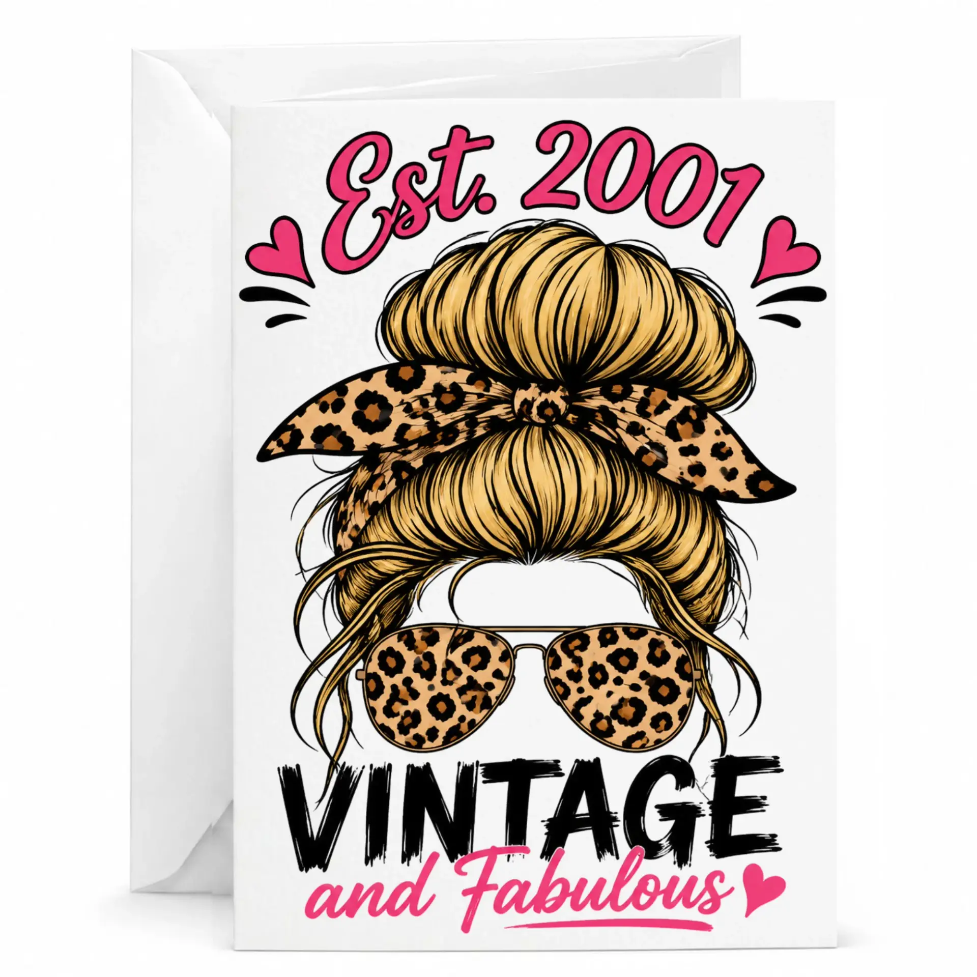 Birthday Card Vintage and Fabulous Est 2001 Leopard Print Messy Bun Greeting Card for Her Unique Personalized Stationery