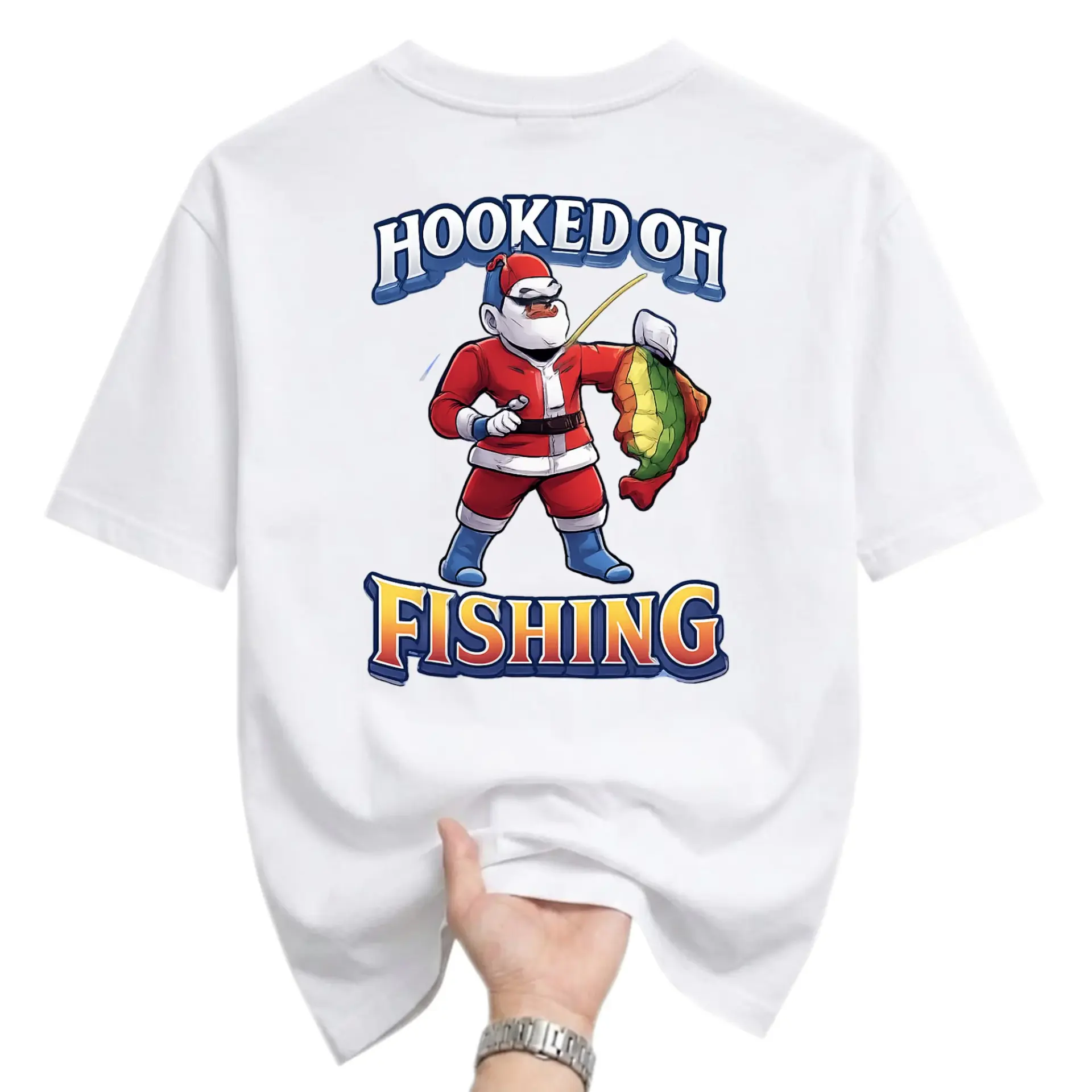Funny Shirt on Fishing Graphic Tee Unique Holiday Santa Claus Unisex Casual