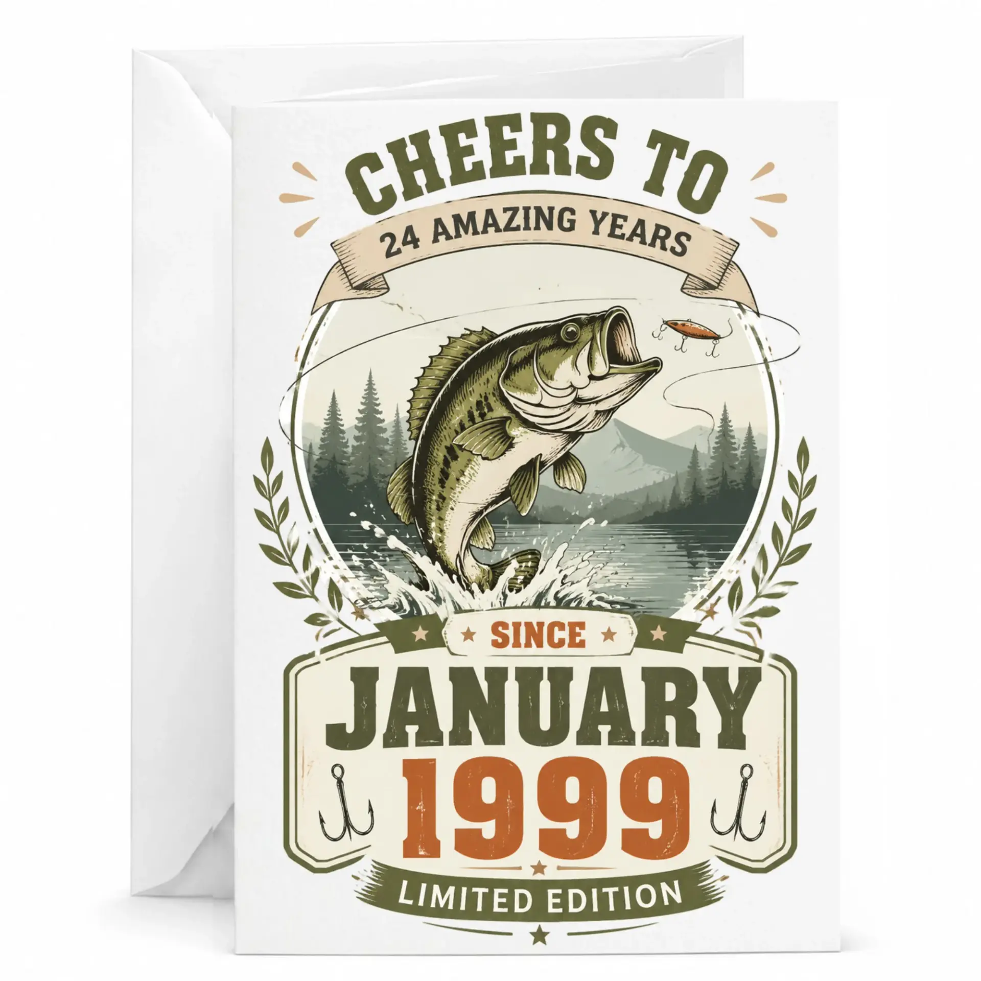 Birthday Card for Fishing Enthusiast 24th Birthday Gift Since January 1999 Vintage Bass Fishing Theme Greeting Card
