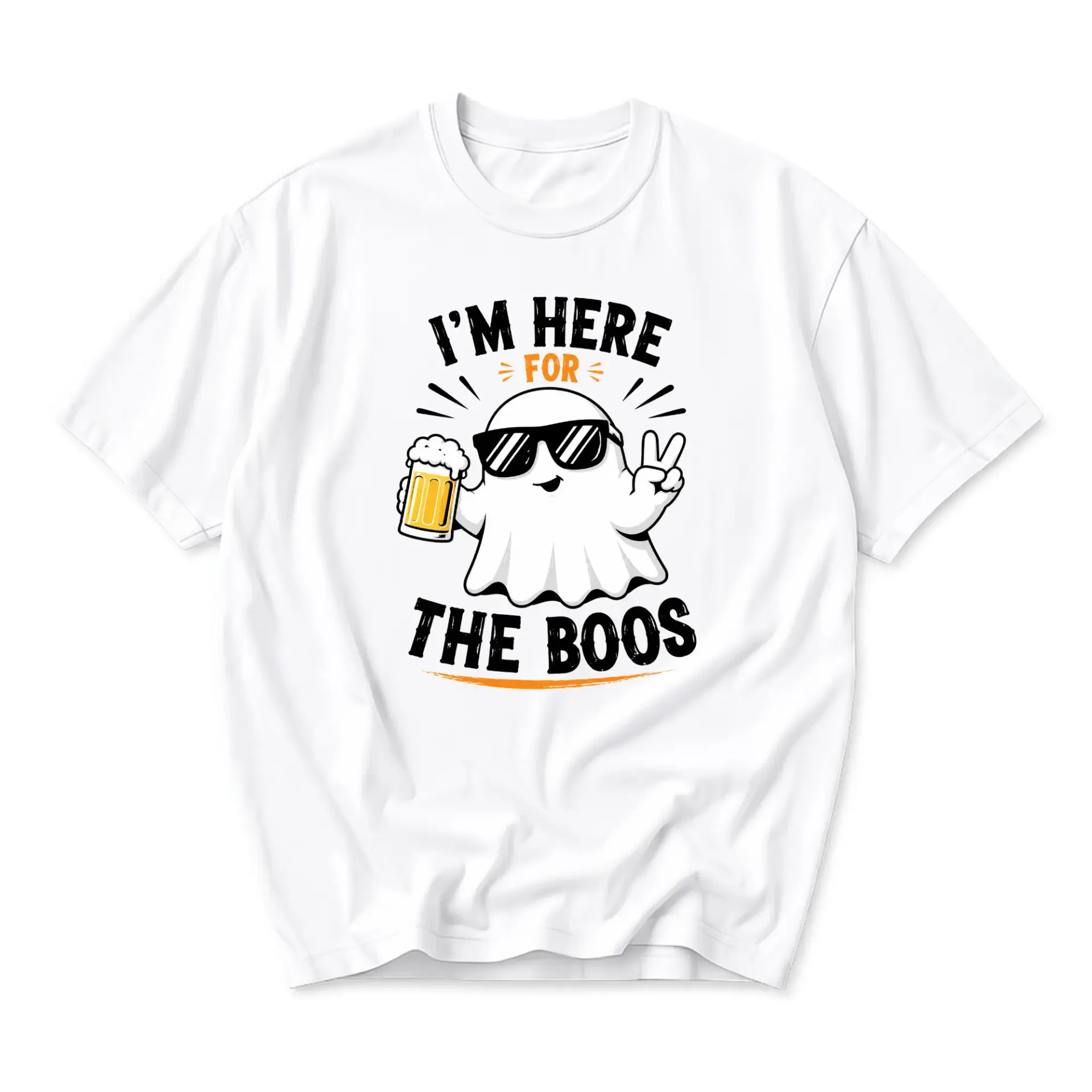 Funny Shirt I Am Here for the Boos Ghost Drinking Beer Graphic Tee Unisex Casual Crew Neck Short Sleeve Cotton Top