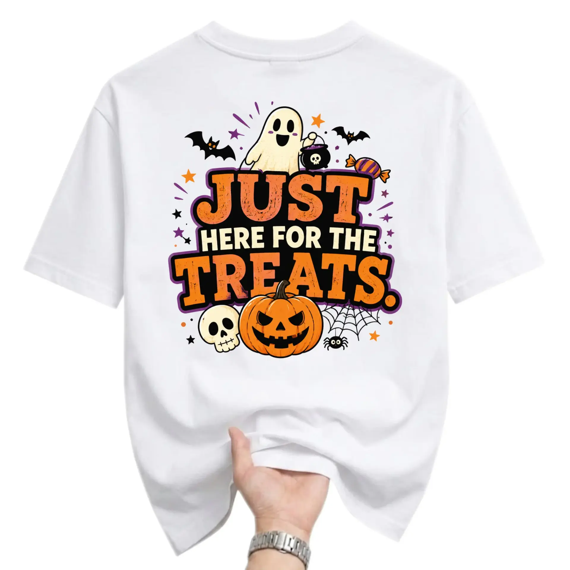 Graphic Tee Just Here for the Treats Halloween Shirt Unisex Casual Crew Neck Comfortable Cotton Blend Everyday Apparel