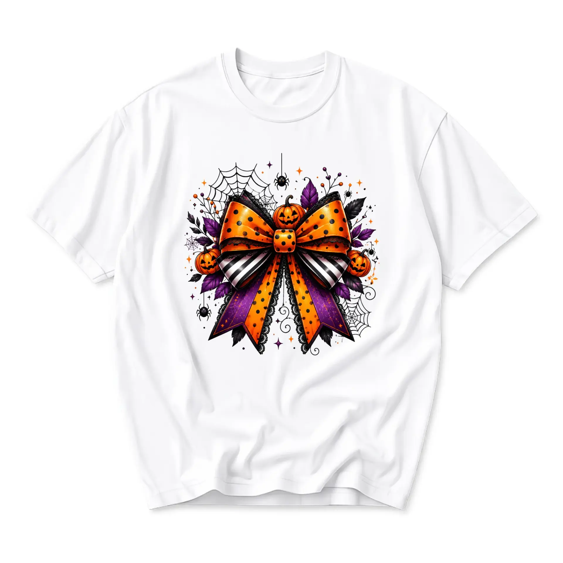 Graphic Tee Halloween Bow Pumpkin Design Unisex Crew Neck Soft Cotton Blend Everyday Casual Short Sleeve T-Shirt