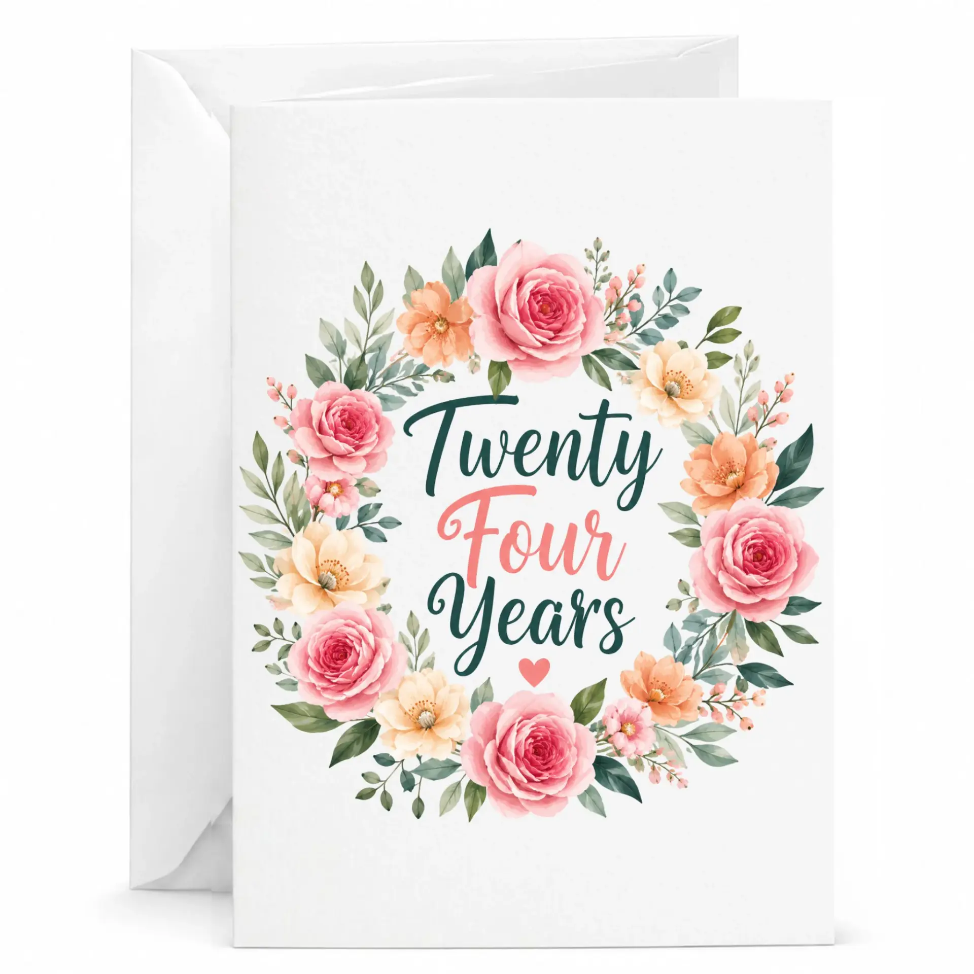 Twenty Four Years Anniversary Greeting Card, Floral Wreath Design for Milestone Celebration, Elegant Flower Stationery
