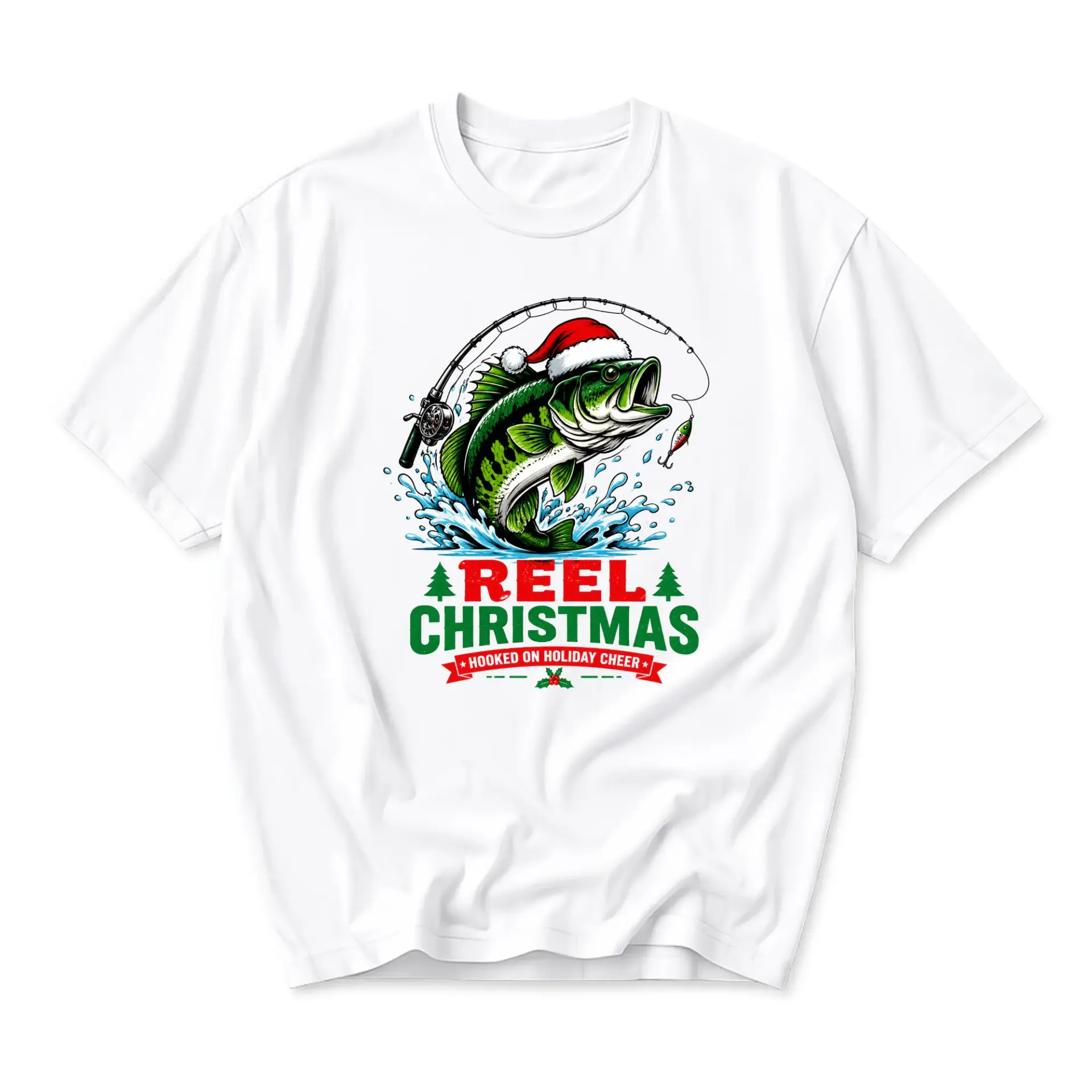 Funny Shirt Reel Christmas on Holiday Cheer Graphic Tee Unisex Crew Neck Seasonal Fishing Theme Apparel