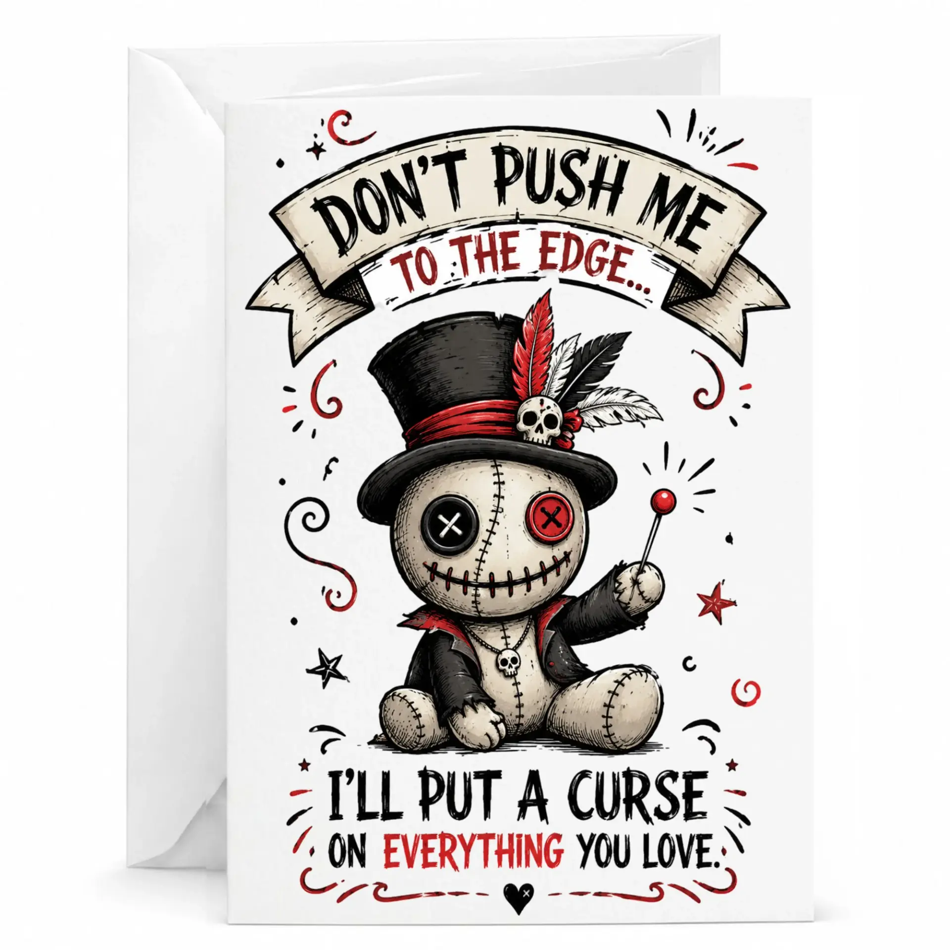 Funny Doll Greeting Card with Envelope Sarcastic Gothic Design for Humorous Occasions and Unique Gifting