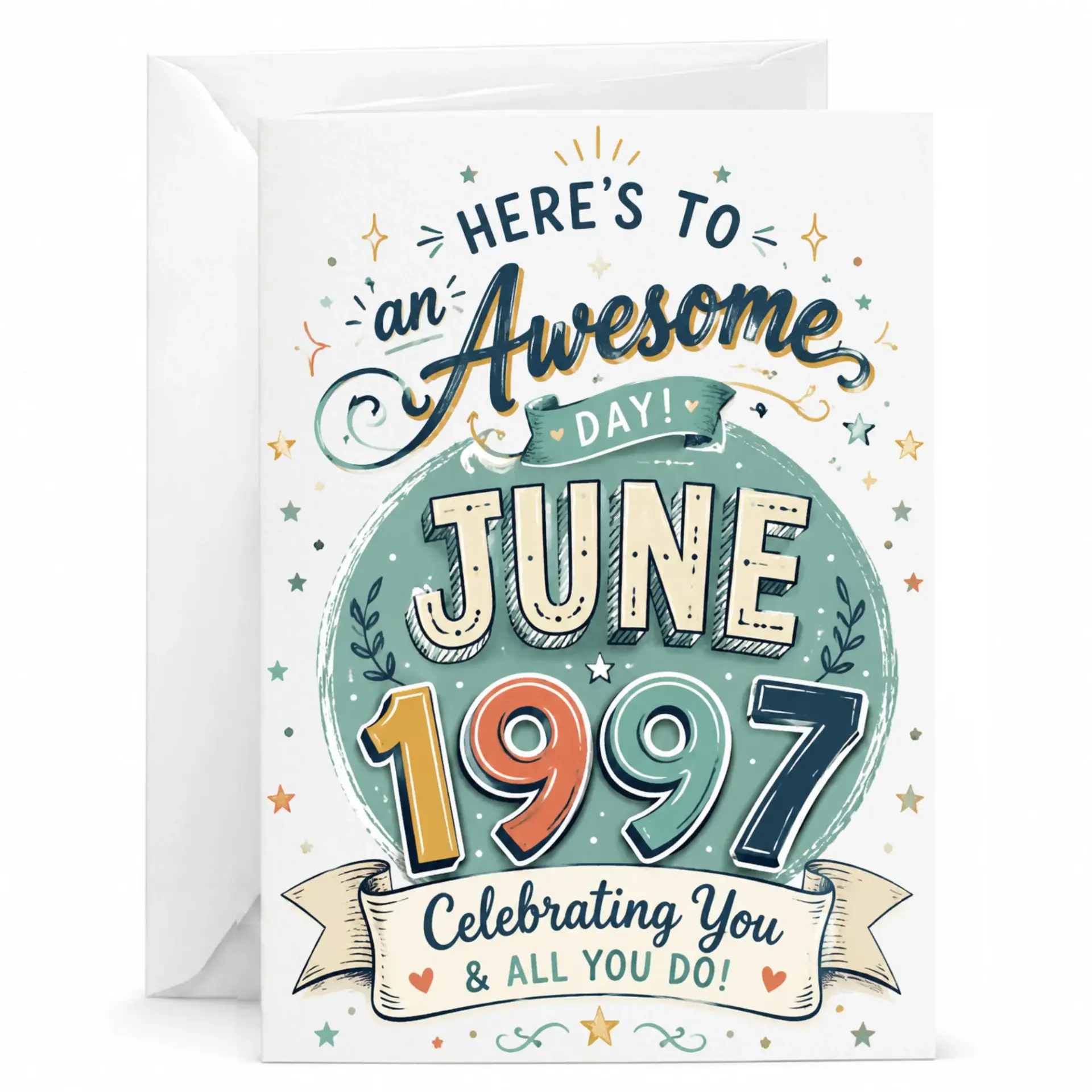 Birthday Card Celebrating June 1997 Vintage Style Greeting Card for Birth Month Milestone with Matching White Envelope